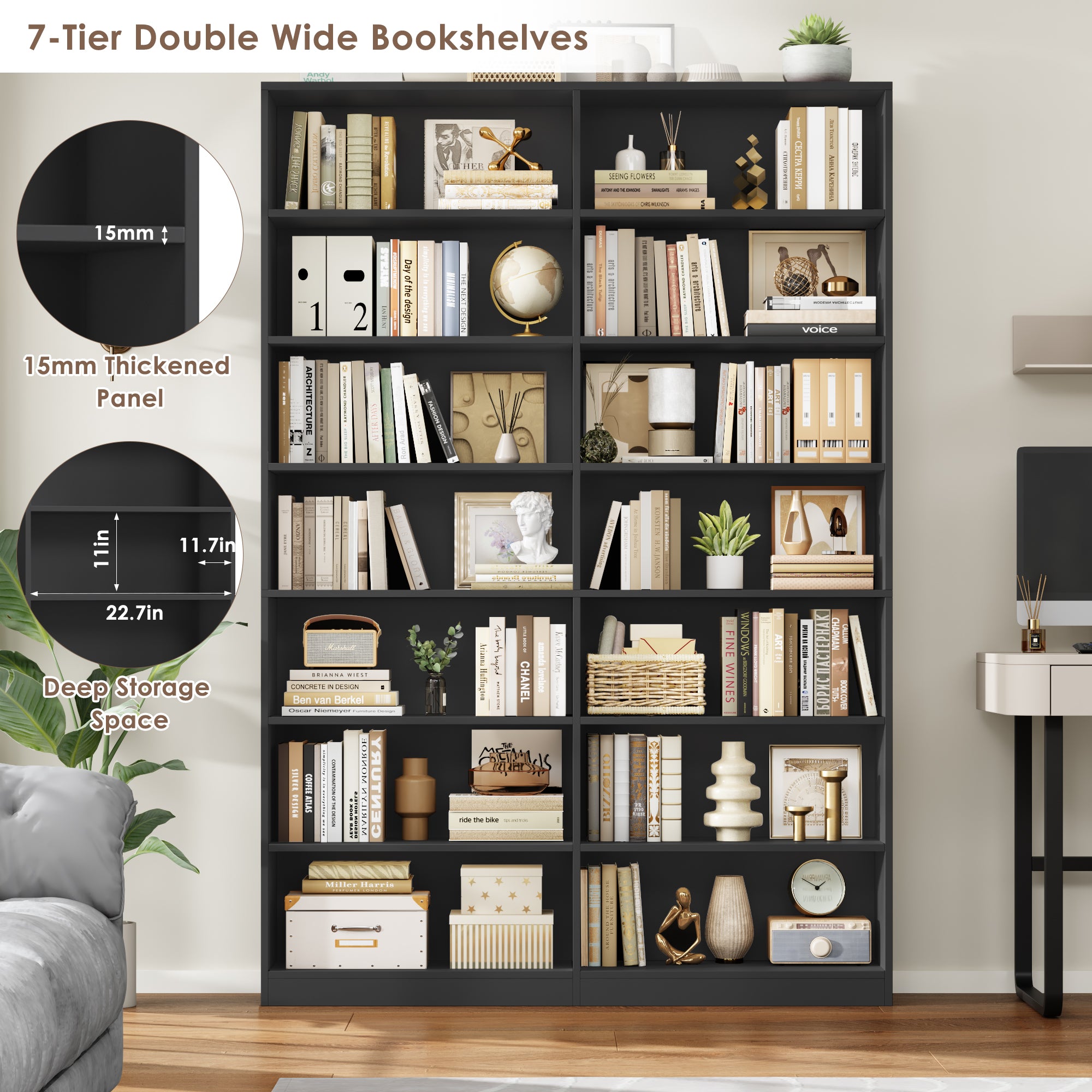 Hiphuta 84"H Wooden Double 7-Tier Tall Bookcase, Standard Bookcase for Living Room and Office, Freestanding Display Storage Shelves, Black