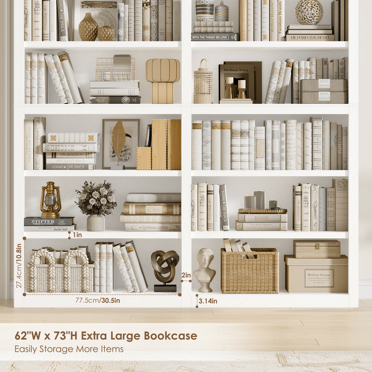 Hiphuta 63"W Extra Large and Sturdy Bookcase, Double Wide 6-Tier Bookshelf, For Home Office and Living Room, Wooden Freestanding Display Shelf, White