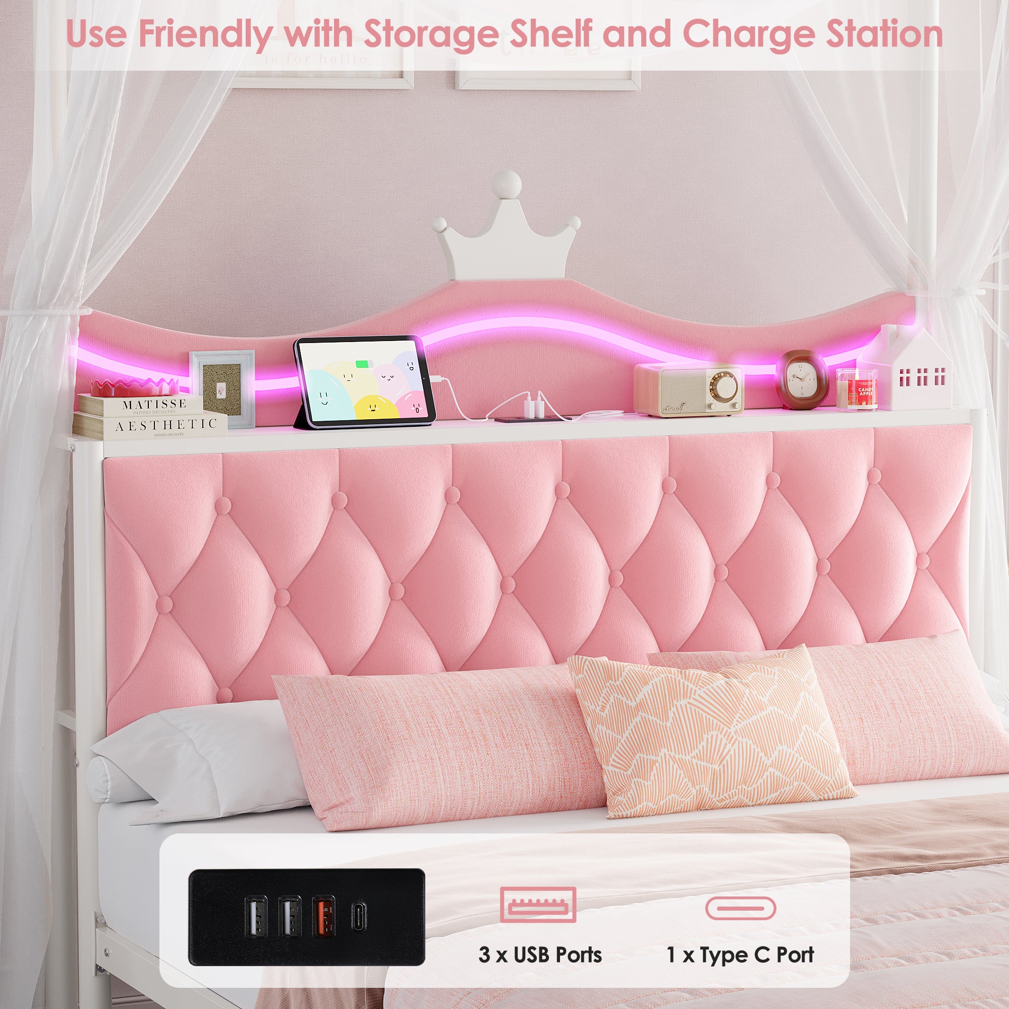 Hiphuta Queen Size Crown Canopy Bed with Power Outlet & LED, Upholstered Princess Beds with 4 Removable Posts, Queen Velvet Bed for Adults, Curtain Not Included, Pink