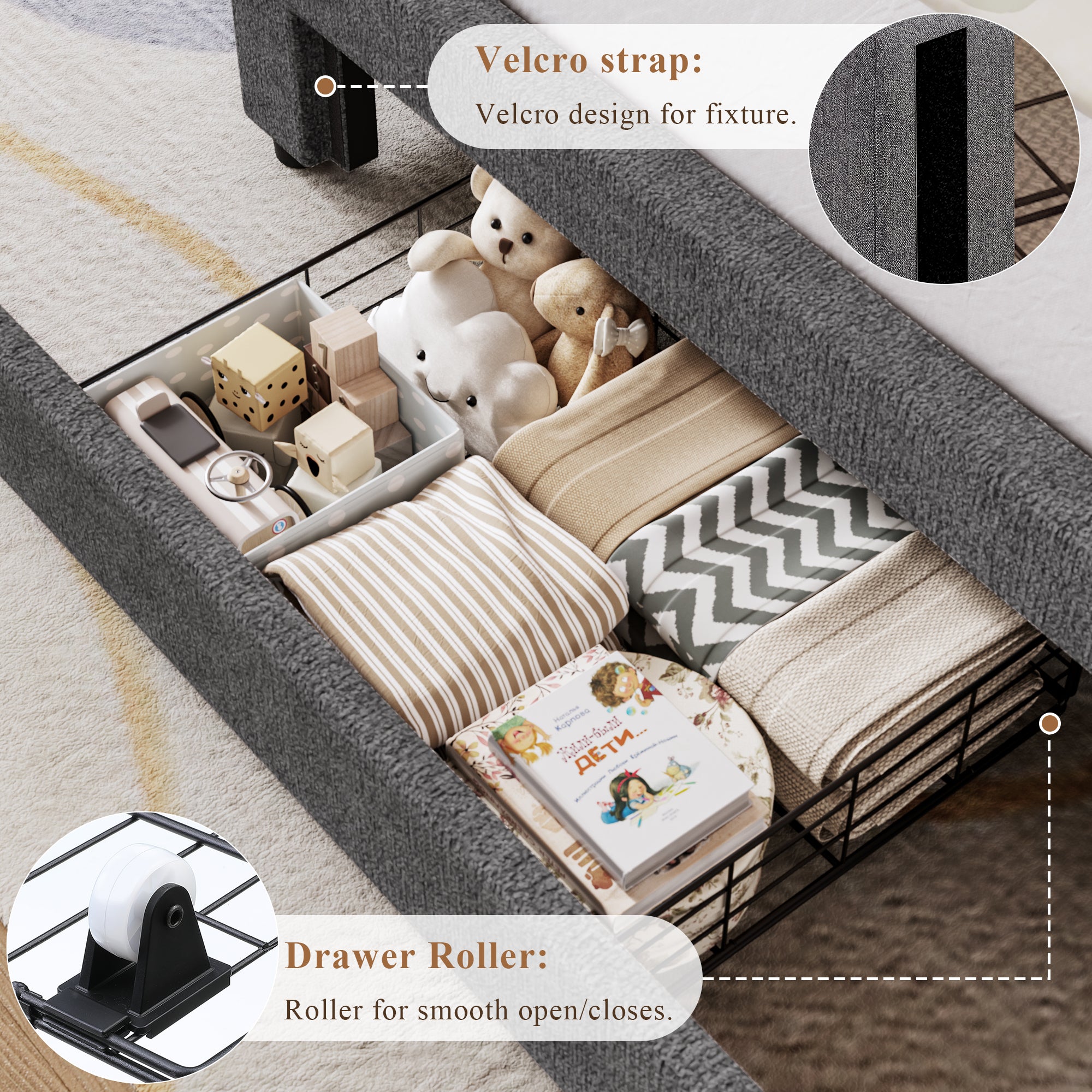 Hiphuta Chenille Twin Bed Frame, Twin Size Upholstered Beds with Storage Drawer and LED, Gray