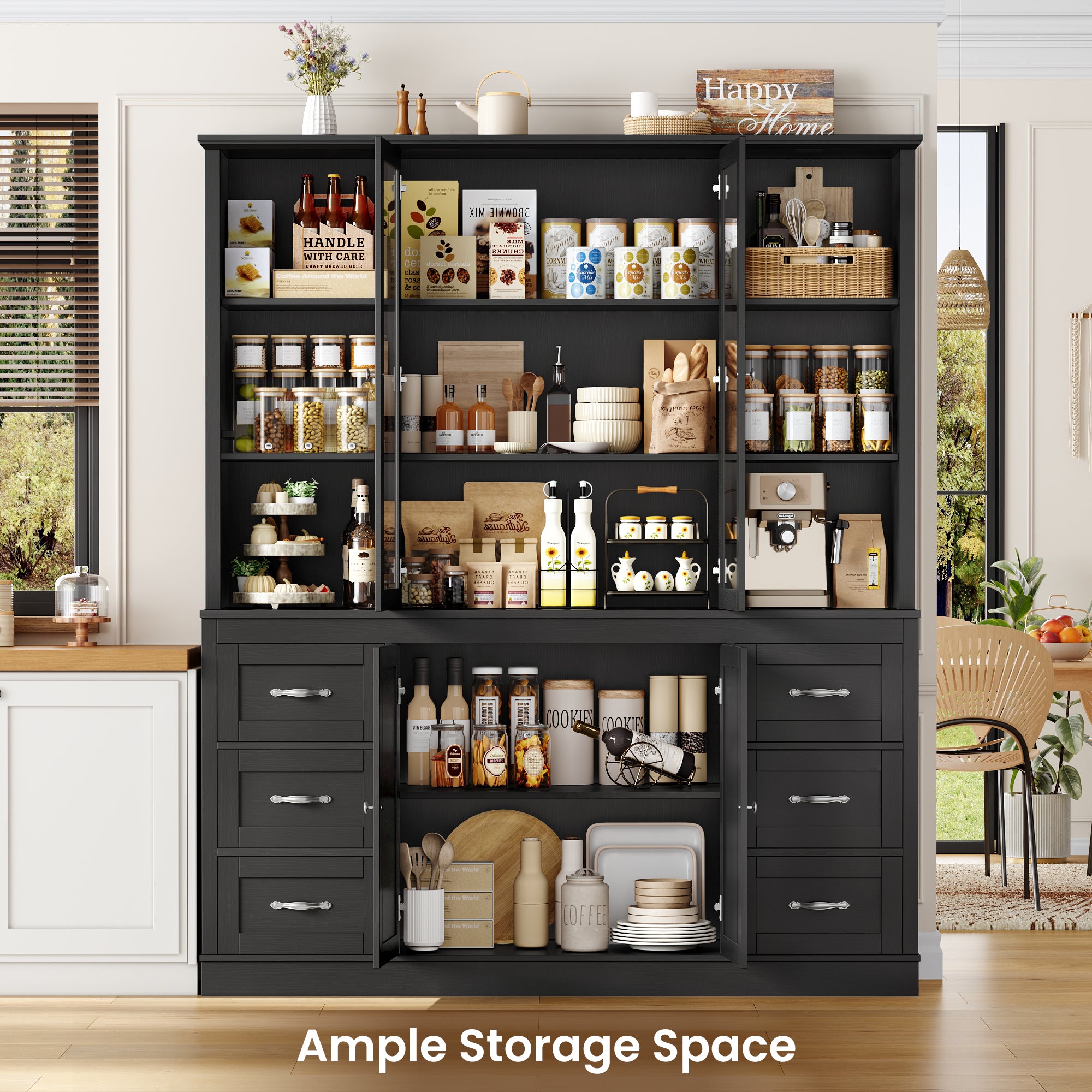 Hiphuta Kitchen Pantry Cabinet with Glass Door, 74" Tall Large Bookcase with drawer and Door, Large Storage Cabinet for Kitchen, Dining Room, Office, Black