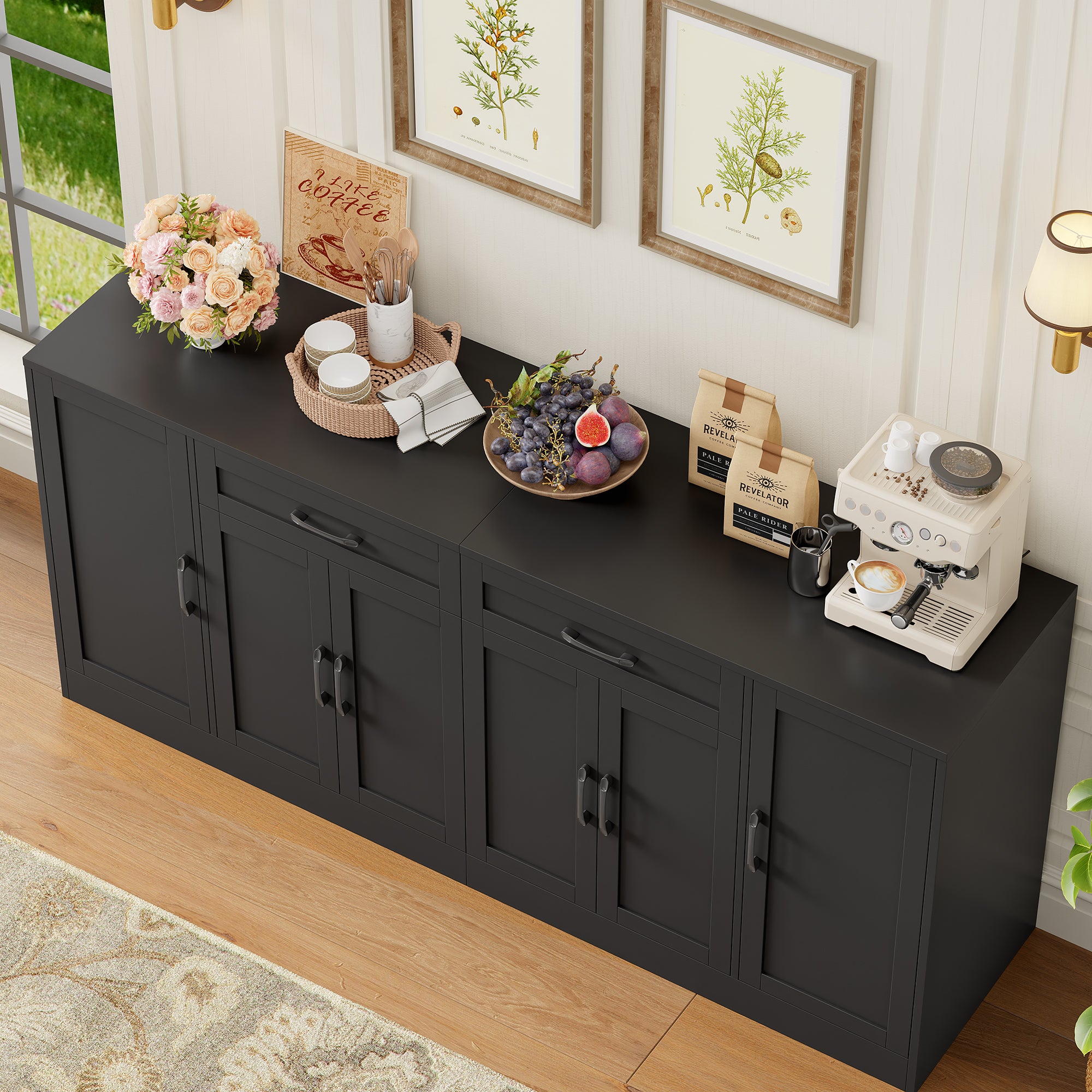 Hiphuta 70.8"W Large Buffet Cabinet with Storage, Modern Farmhouse Sideboard with 6 Doors, Coffee Bar for Kitchen Dining Room Living Room, Black