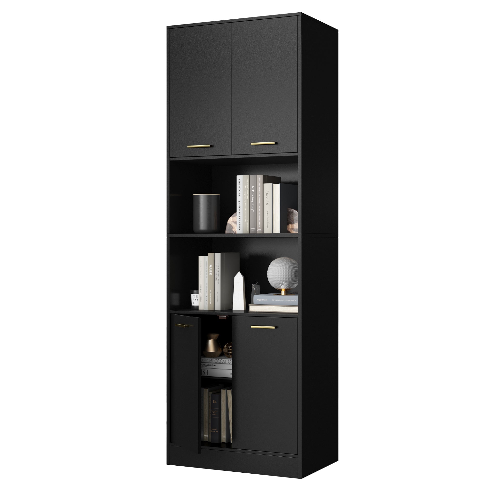 Hiphuta 71"H Tall Bookcase Storage with Doors, Free Standing Display Bookshelves with 2 Adjustable Shelves, Black