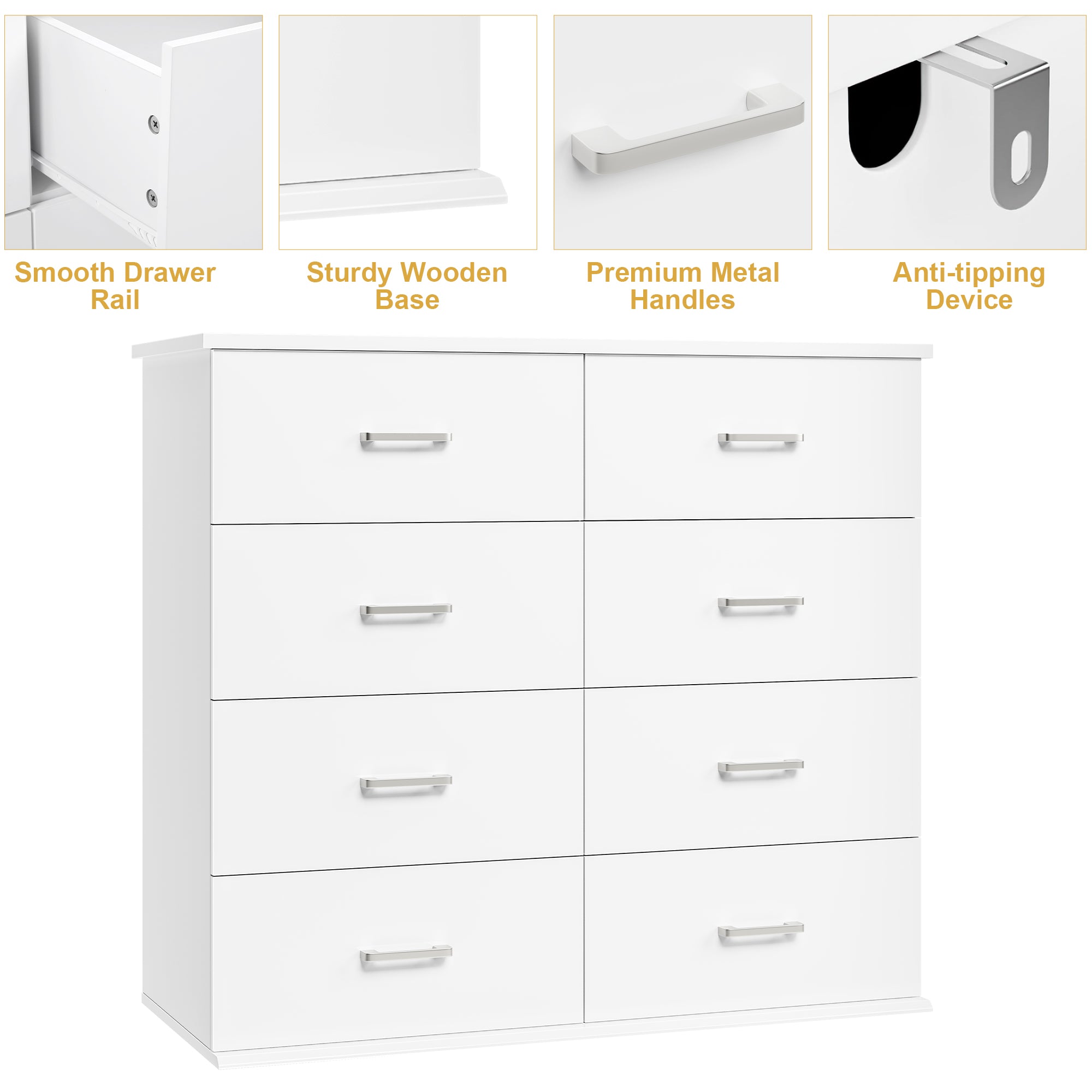 Hiphuta Modern 8 Drawer Dresser for Bedroom with Metal Handle, Large Double Dresser Organizer, Wood Chest of Drawers, White