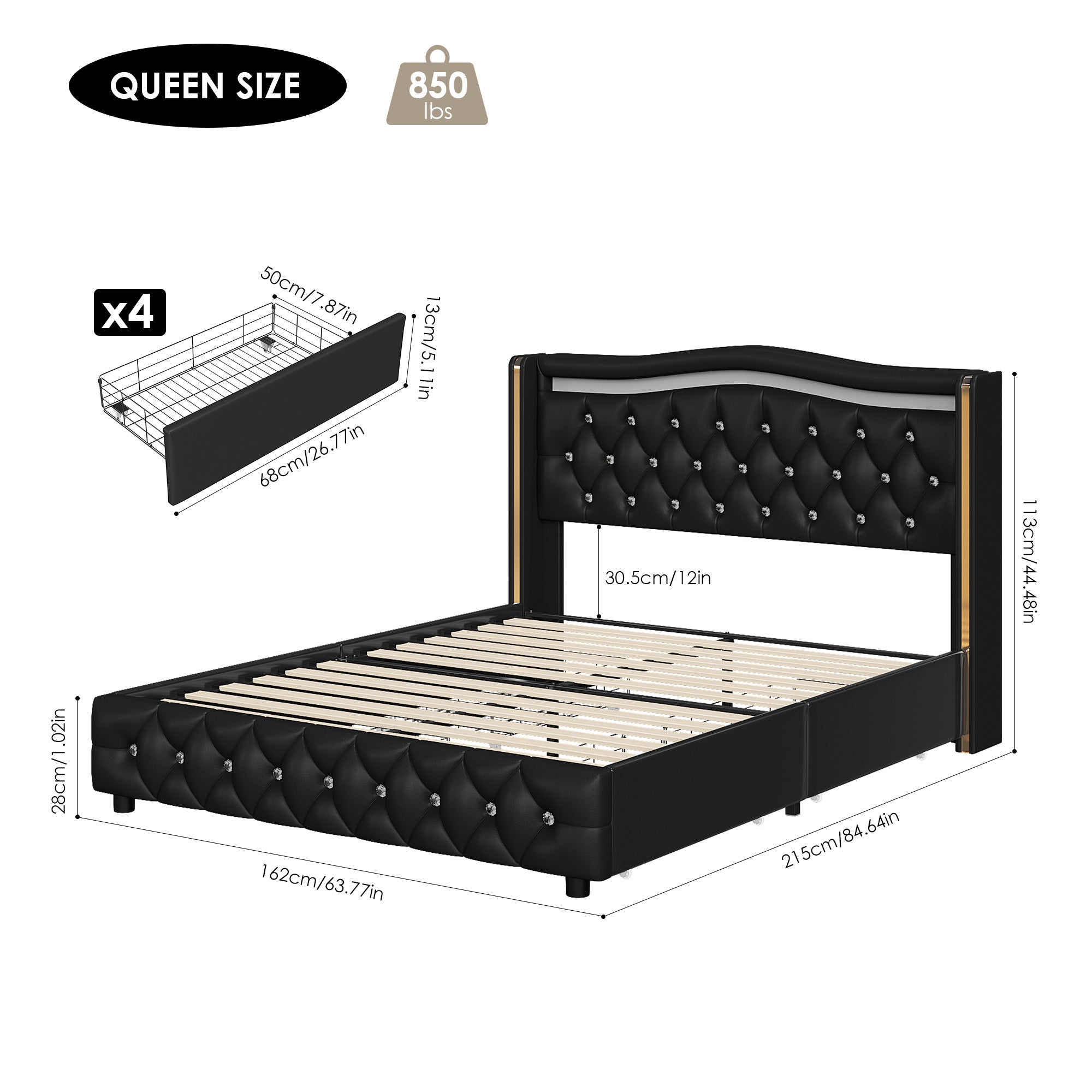 Hiphuta Queen Platform Bed Frame with 4 Storage Drawers, Crystal Button-Tufted Wingback Headboard, Modern PU Upholstered, Black