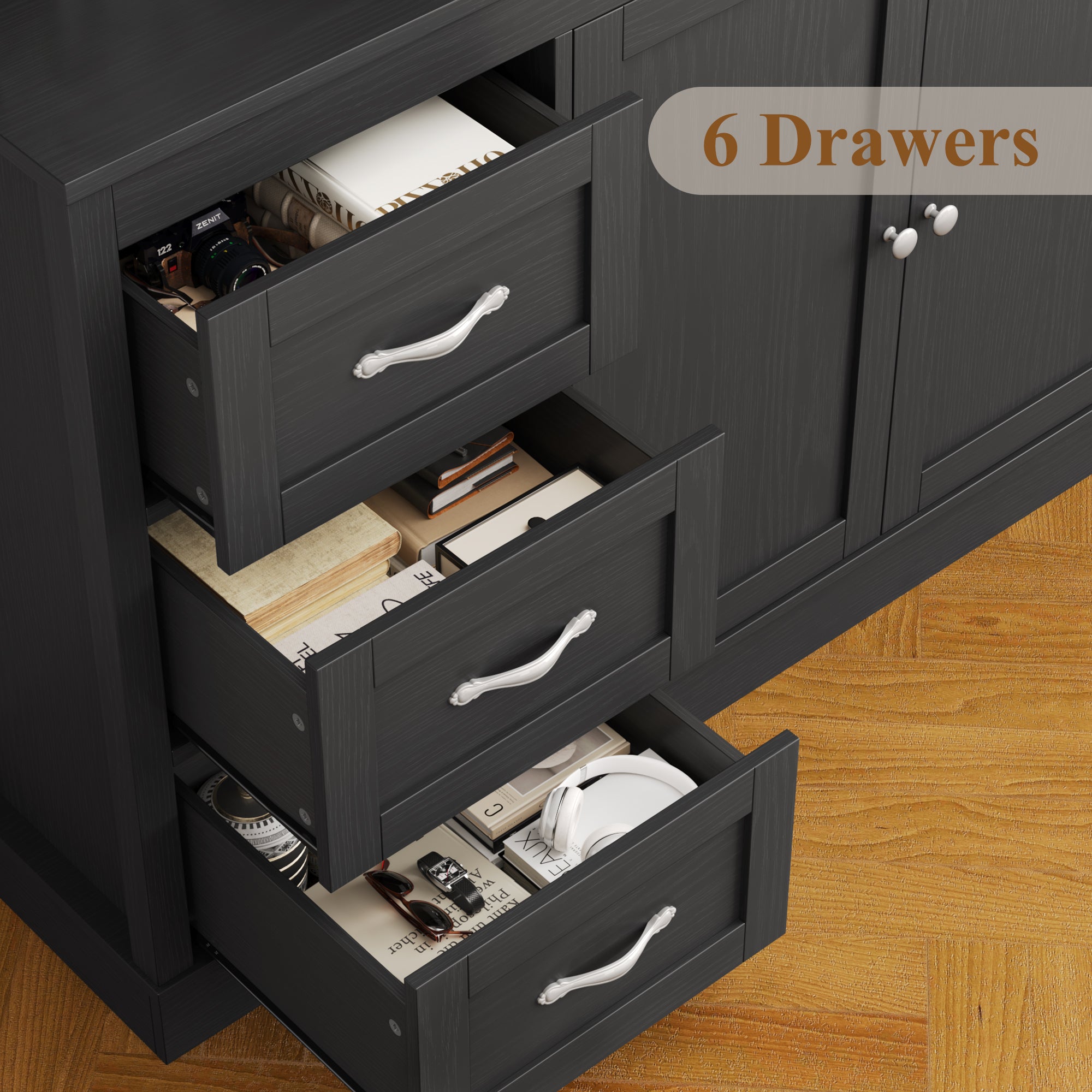 Hiphuta 74 in Tall Bookcase with 6 Drawers, Large Bookcase with Glass Door and Adjustable Shelves, Farmhouse Bookcase with Bark Texture, Black