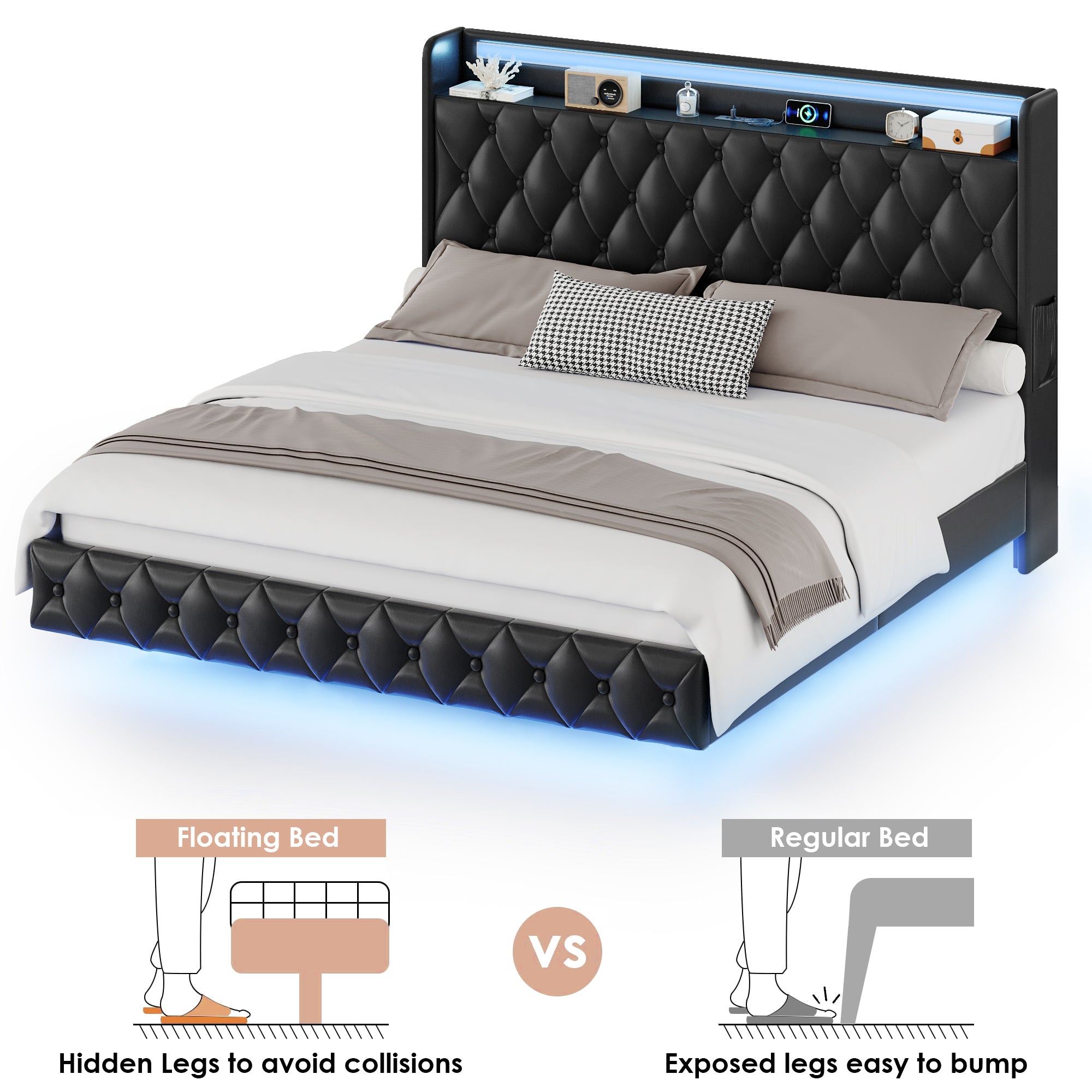 Hiphuta King Size Floating Bed Frame with LED Lights, Faux PU Leather Platform Bed with Charging Station & Button Tufted Headboard Storage, No Box Spring Needed, Black