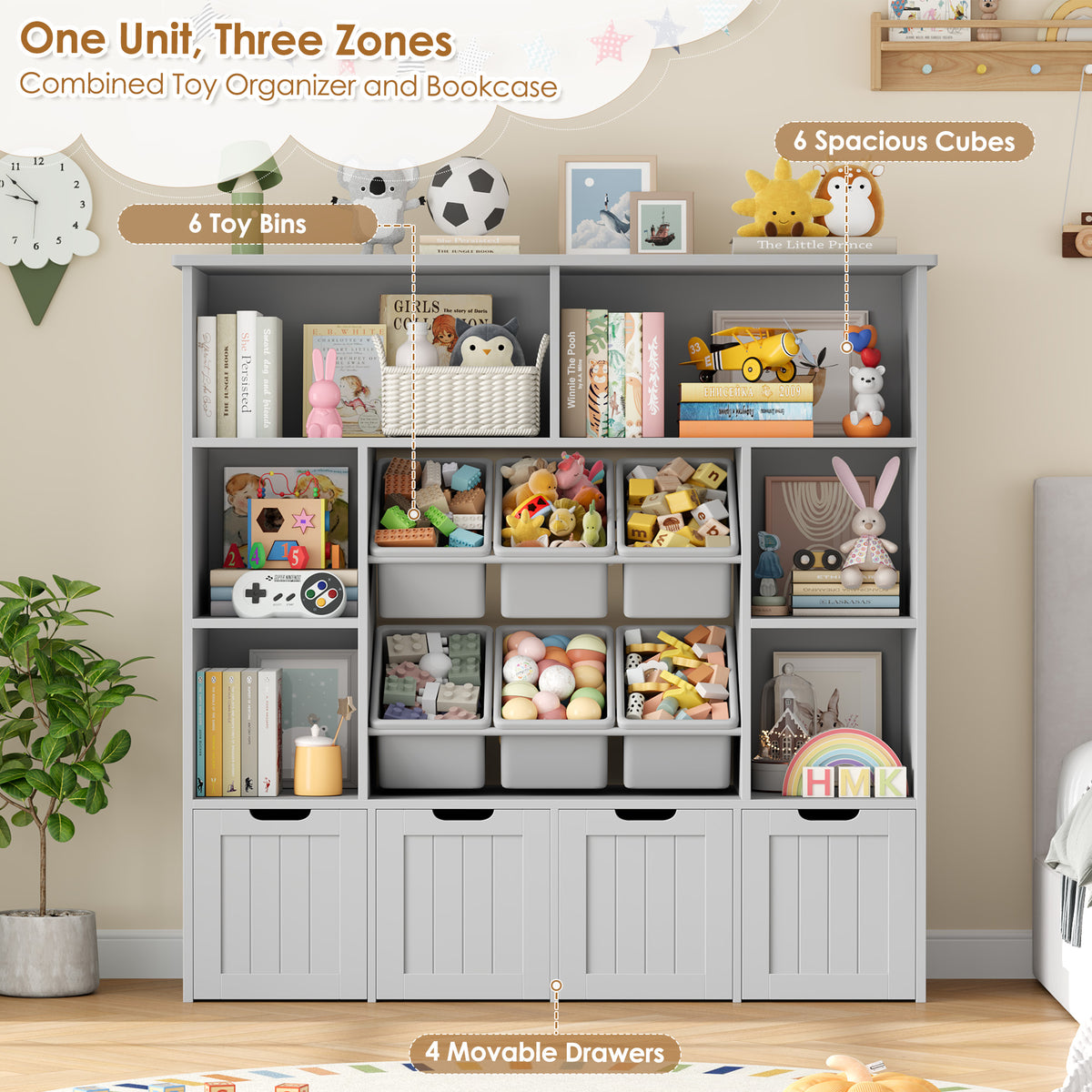 Hiphuta Large 4 Tier Kids Toy Organizer, Wood Toy Organizer of 6 Bins& 4 Removable Drawers, Children's Bookcase for Family Room, Gray