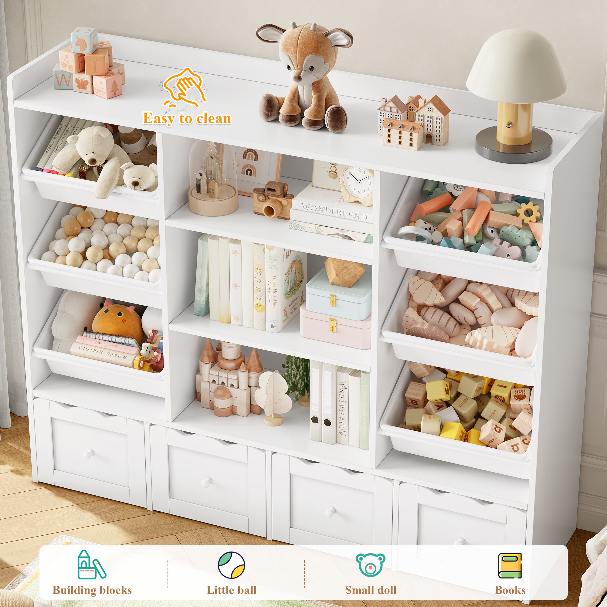 Hiphuta 55" Wide Toy Storage Organizer with 4 Removable Drawers, 4-Tier Kid Bookcase with 6 Bins, Toy Organizer with Bookcase for Kid Bedroom Playroom, White