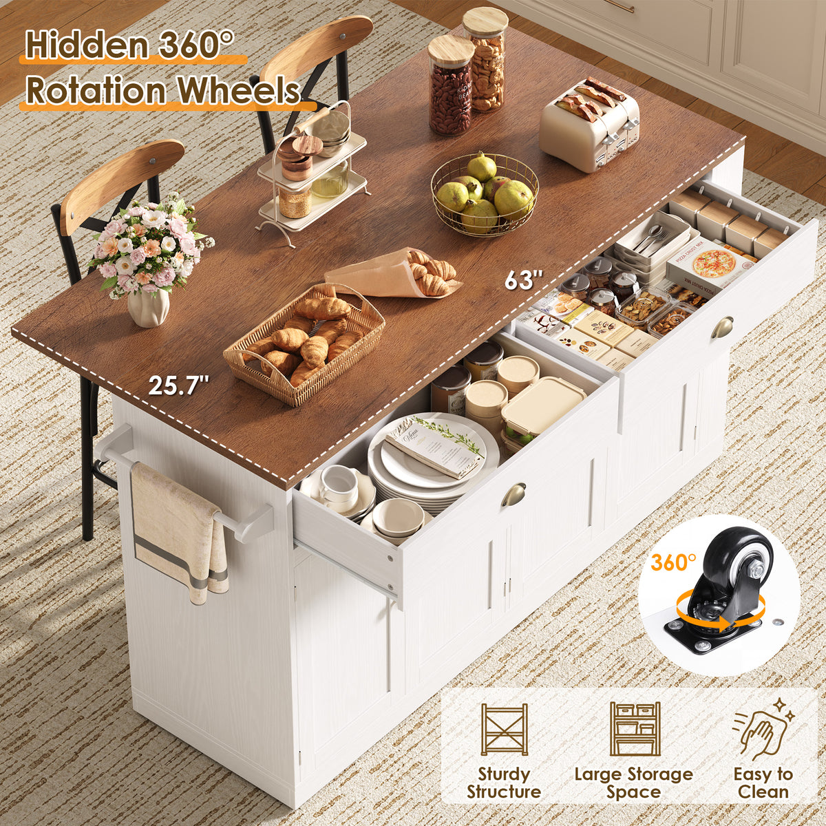Hiphuta 63" Large Kitchen Island Cart with Storage, Rolling Island Table with Adjustable Shelves and 4 Drawers, Movable Buffet Cabinet for Dining room, White