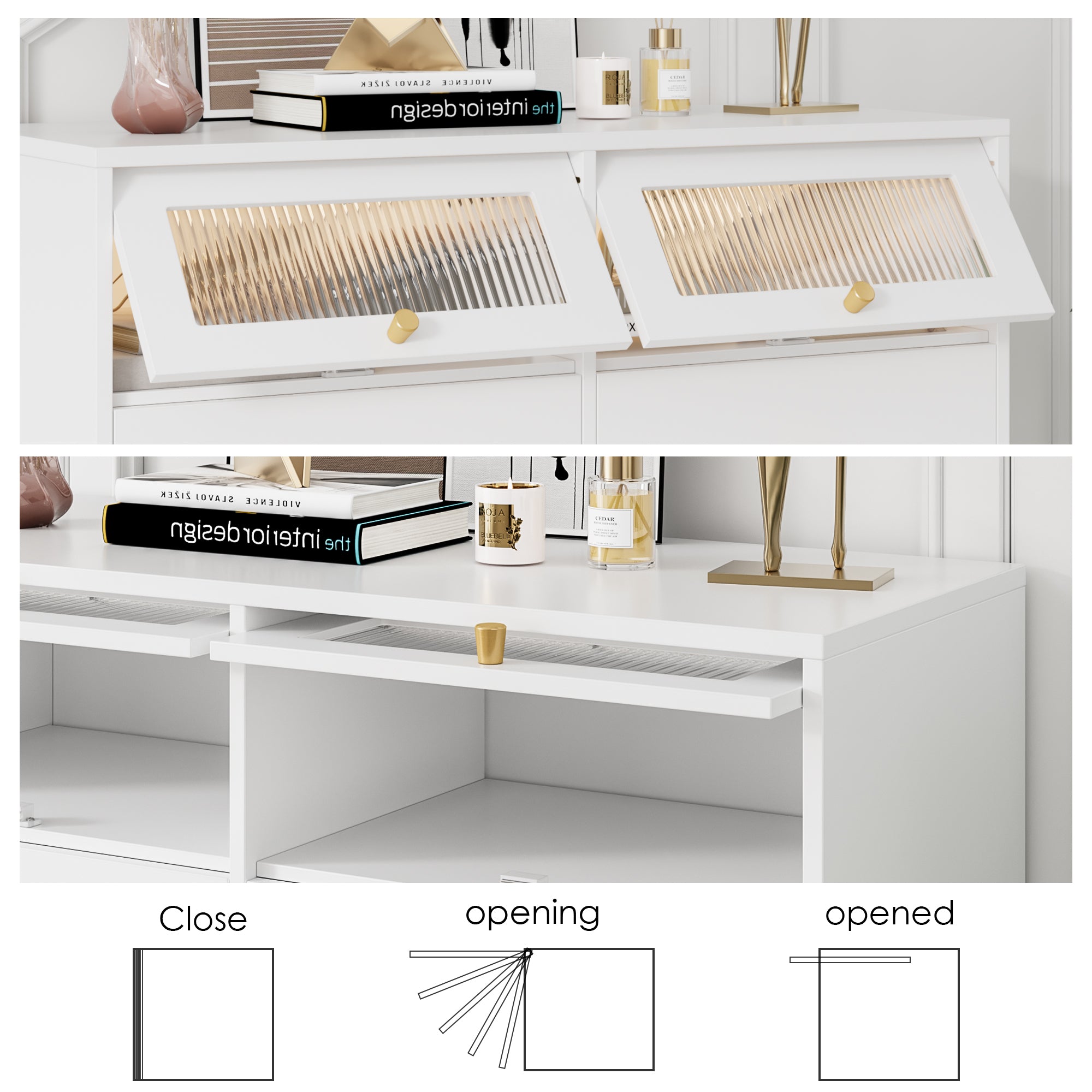 Hiphuta 6 Drawer Double Dressers, Wood Chest of Drawers, Storage Cabinet with 2 Glass Doors, White for Adult