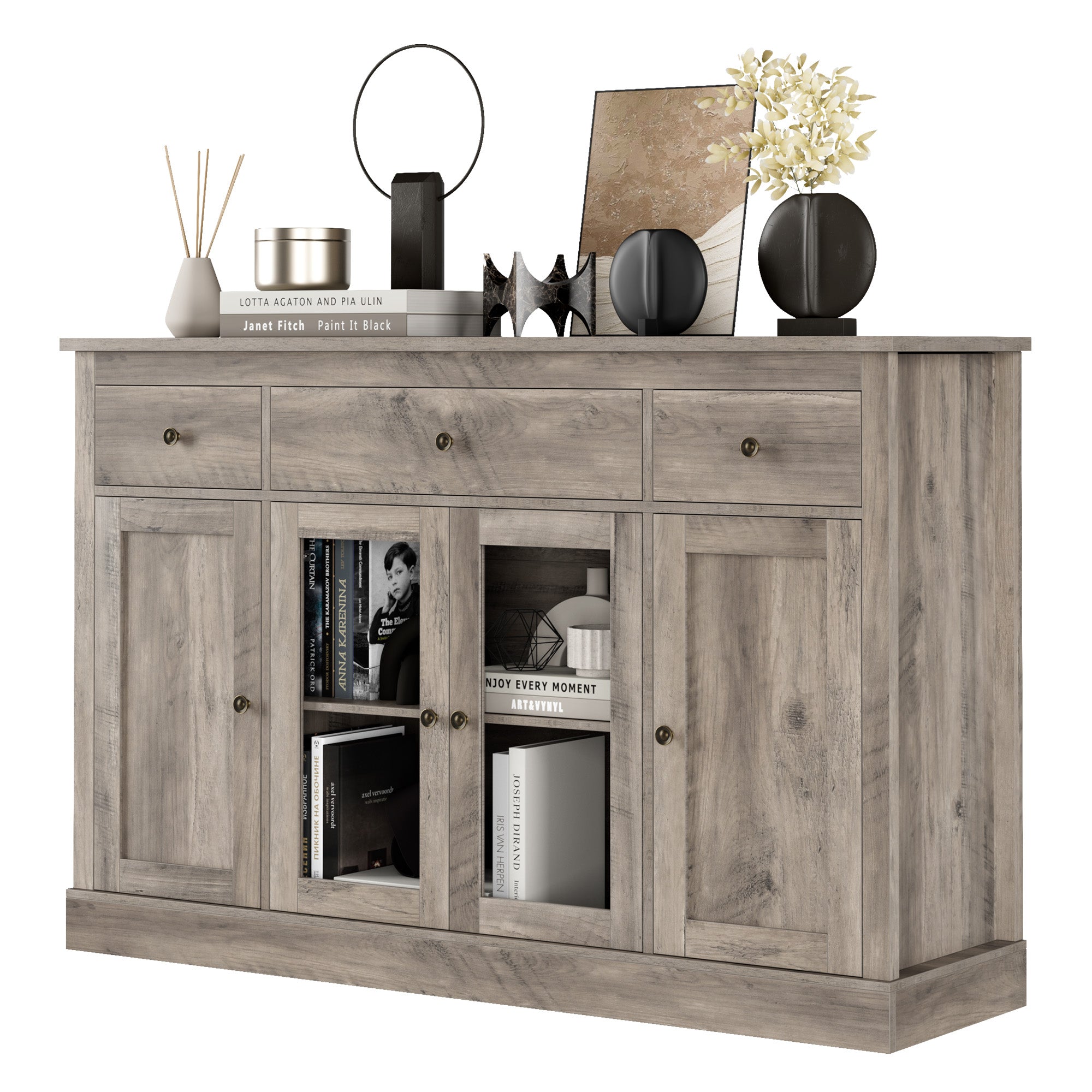 Hiphuta 55” Large Buffet Sideboard, Farmhouse Wood Credenza Cabinet with 3 Drawers & 2 Glass Doors, Rustic Brown