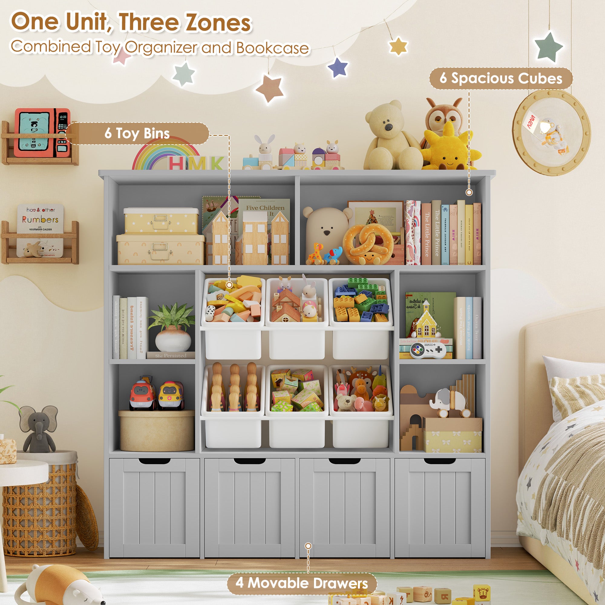 Hiphuta 49" Wide 4-Tier Toy Storage Organizer, Wood Kid Bookcase with 6 Boxes & 4 Removable Drawers, Bookshelf for Kids' Room, Classroom, Gray + White Boxes