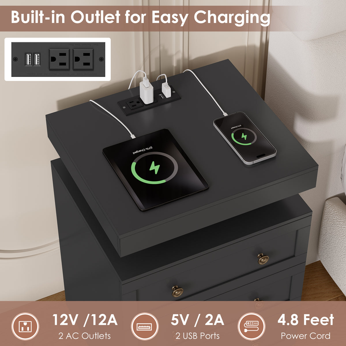 Hiphuta Set of 2 Nightstands with RGB LED and Charging Station for Bedroom, Sofa Tables with 3 Drawers for Living Room, Modern Beside Tables with Storage, Black