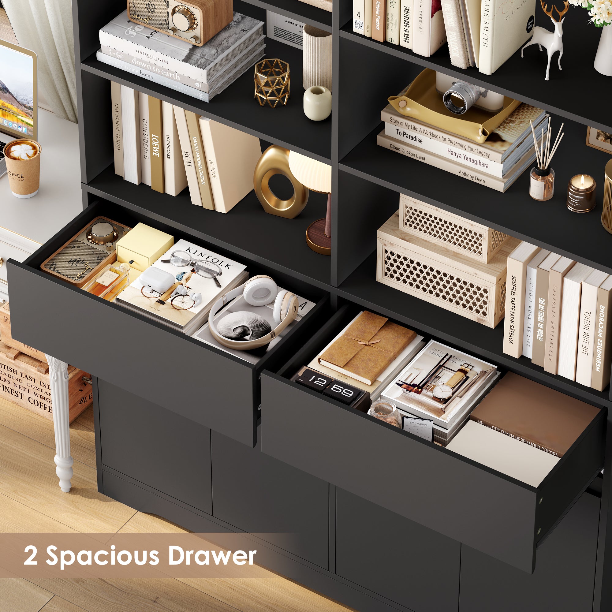 Hiphuta 69"H Modern Bookcases with Doors & Drawers, Large Wooden Display Shelf for Home Office, Wooden Storage Bookshelf for Living Room, Black