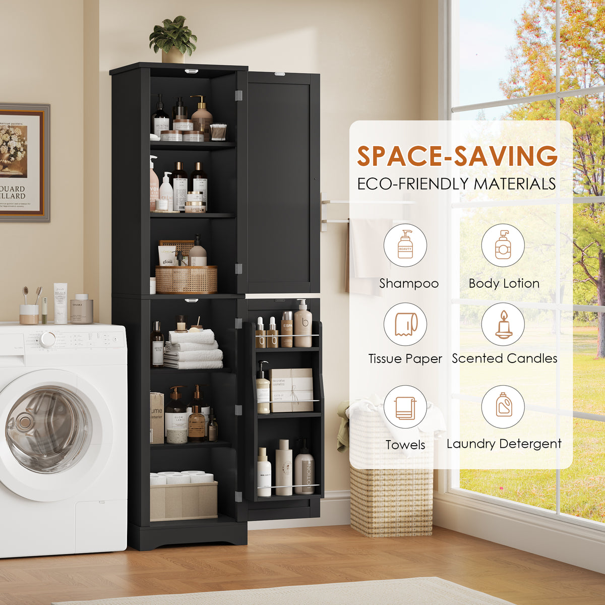 Hiphuta 71" Tall Narrow Bathroom Storage Cabinet, Slim Bathroom Storage Tower with Adjustable Shelves & Door Shelves, Narrow Cabinet with Doors for Small Spaces, Black