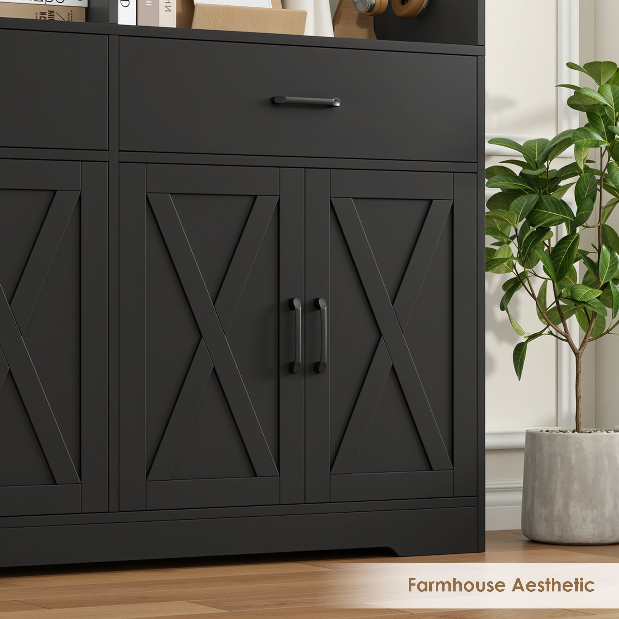 Hiphuta Bookcase with 3 Drawers, Large Farmhouse Bookshelf and Bookcase with Cabinet, Black