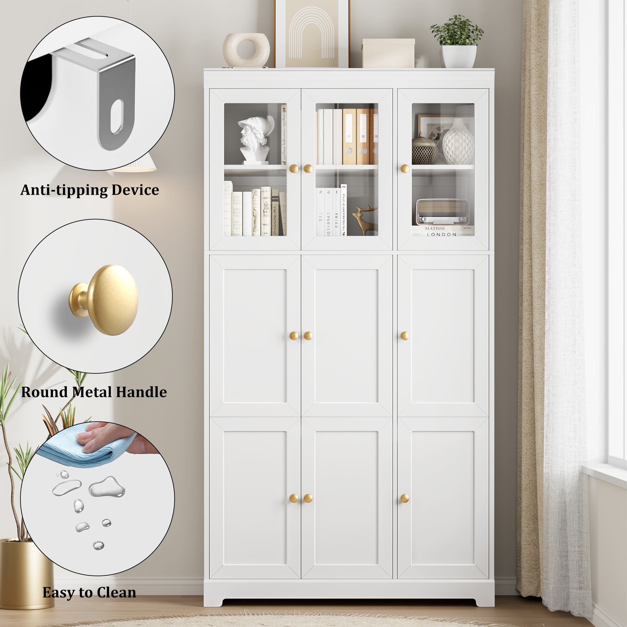 Hiphuta Bookcase with 9 Doors, 67" Tall Bookcases, Wooden Storage Bookshelf for Home Office Living Room, White