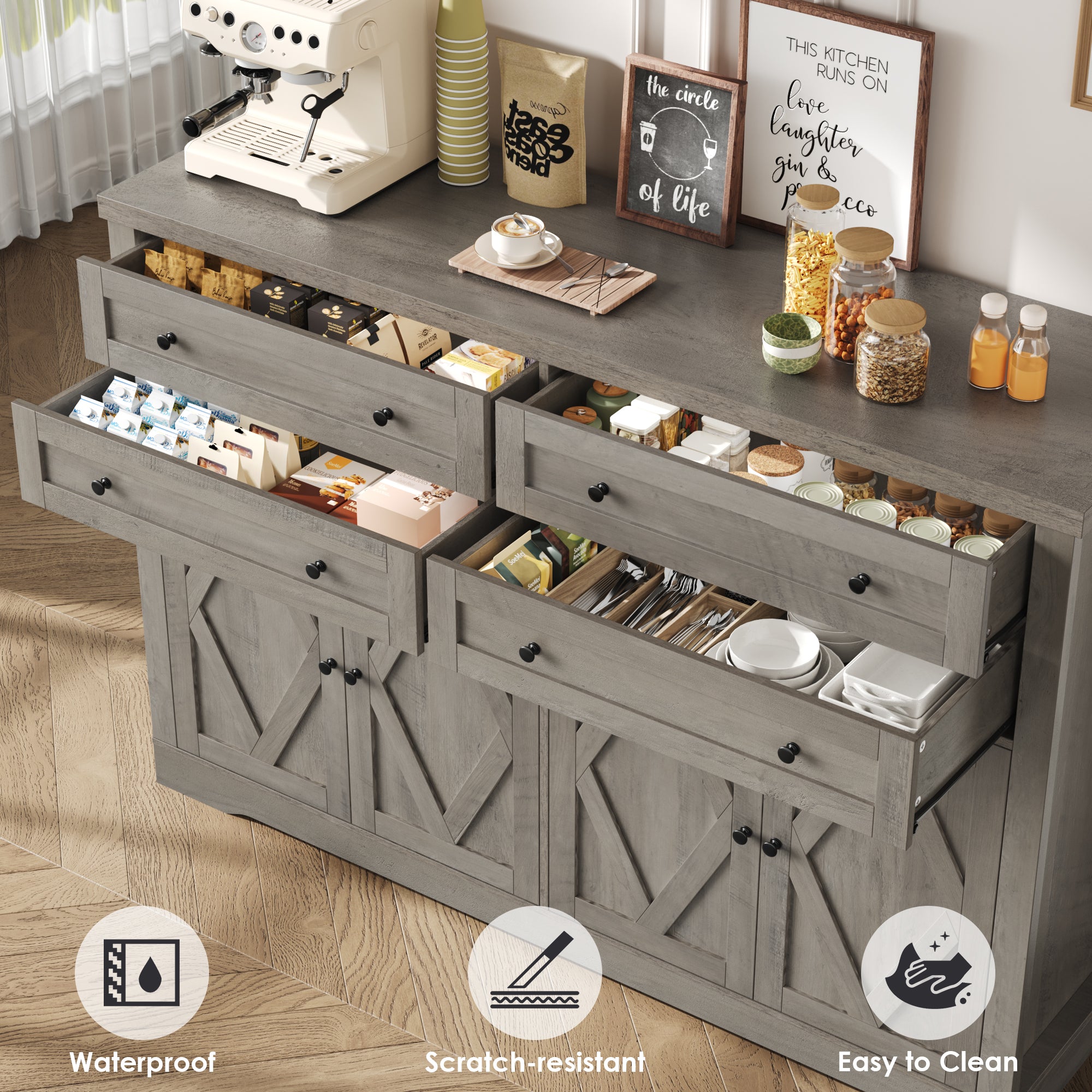 Hiphuta 55" Wide Farmhouse Buffet Storage Cabinets with 2 Adjustable Shelves & 4 Drawers for Living Room, Ash Gray