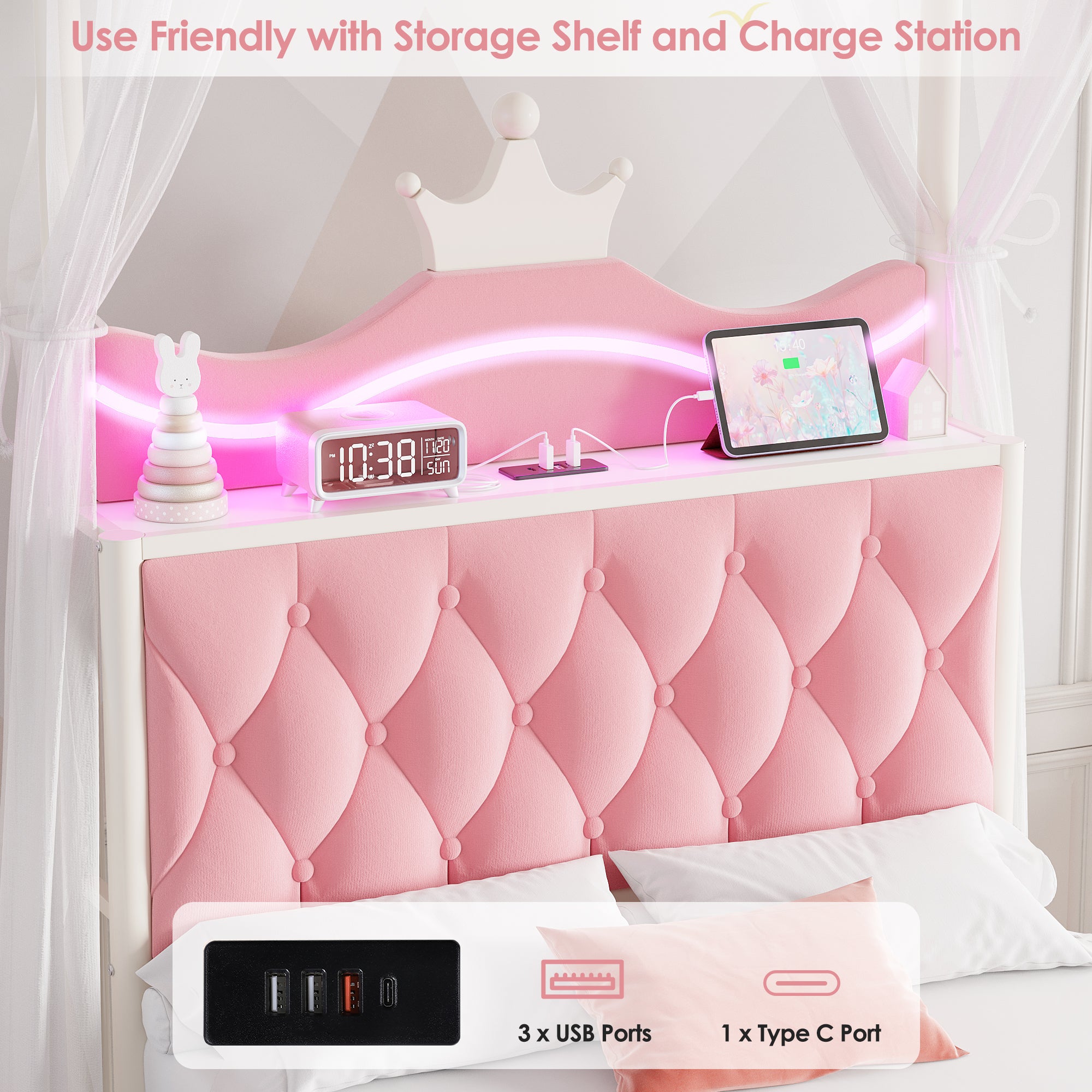 Hiphuta Twin Size Crown Canopy Bed with Power Outlet & LED, Upholstered Princess Beds with 4 Removable Posts, Twin Bed Frame, Pink