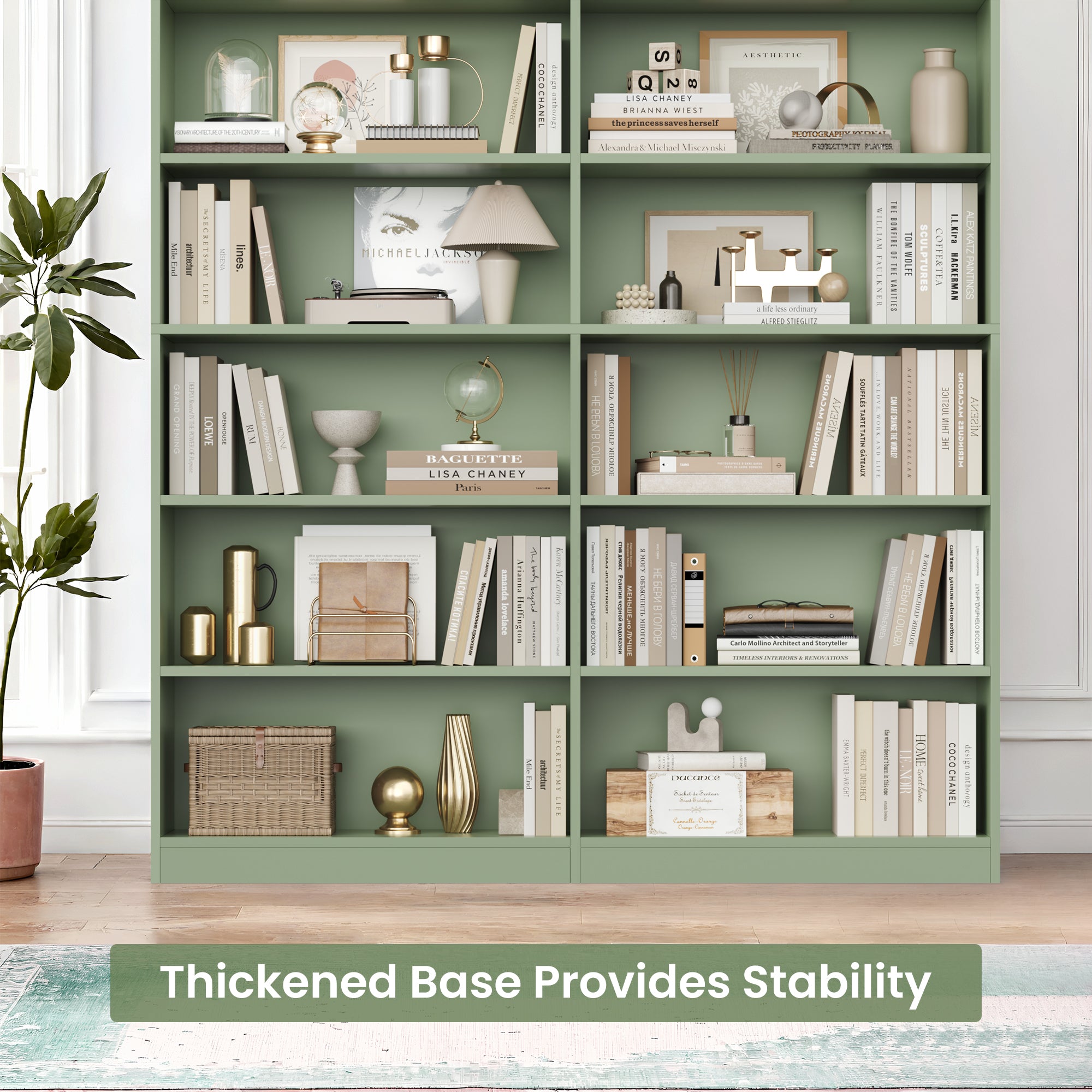 Hiphuta 83.6"H x 47.2"W Wood Double 7-Tier Standard Bookcase, Tall Bookcase for Bedroom, Living Room and Office, Freestanding Display Storage Shelves, Green