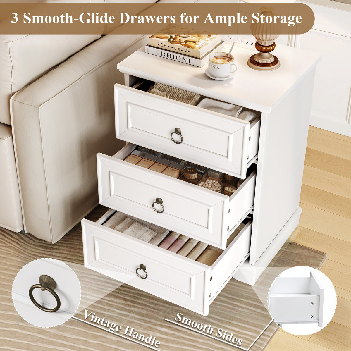 Hiphuta Vintage Nightstand with 3 Large Drawers, Farmhouse Bedroom Bedside Tables with Charging Station, Sofa Tables End Tables for Bedroom and Living Room, White