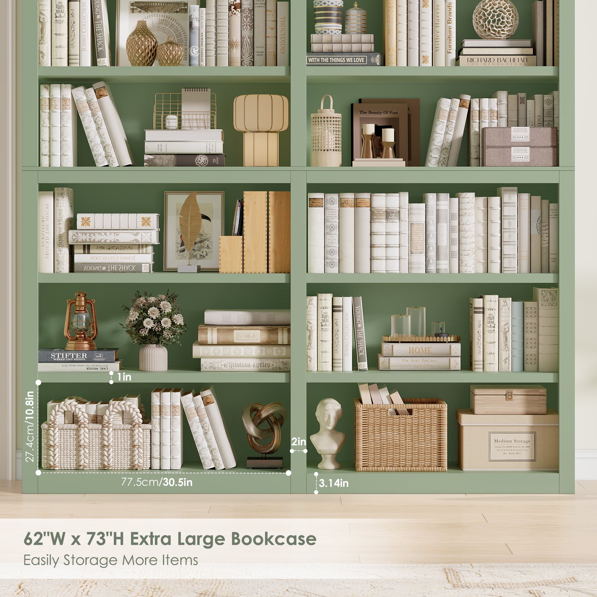 Hiphuta 63"W Extra Large and Sturdy Bookcase, Double Wide 6-Tier Bookshelf, Tall Bookcase for Home Office and Living Room, Wooden Freestanding Display Shelf, Green