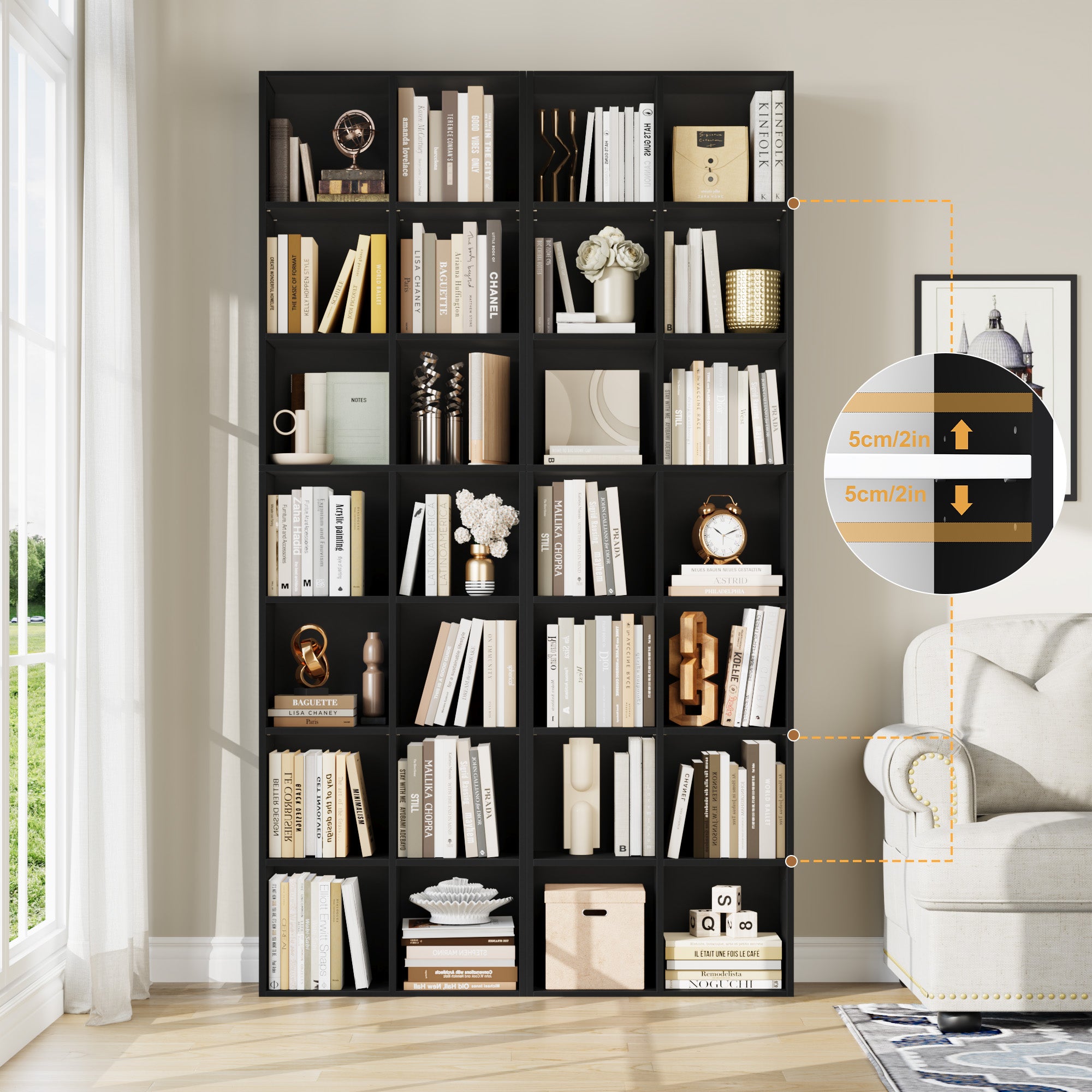 Hiphuta Tall Narrow Bookshelf 14 Tiers, Compact Corner Bookcase, Easy to Match for Living Room, Office, Study, Bedroom, Black