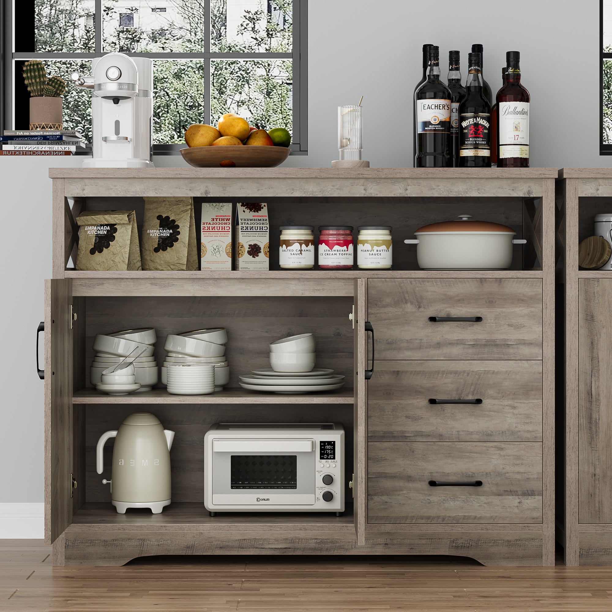 Hiphuta 47.2” Wide Buffet Sideboard, Farmhouse 3 Drawer Credenza Cabinet with 2 Doors, Ash Gray