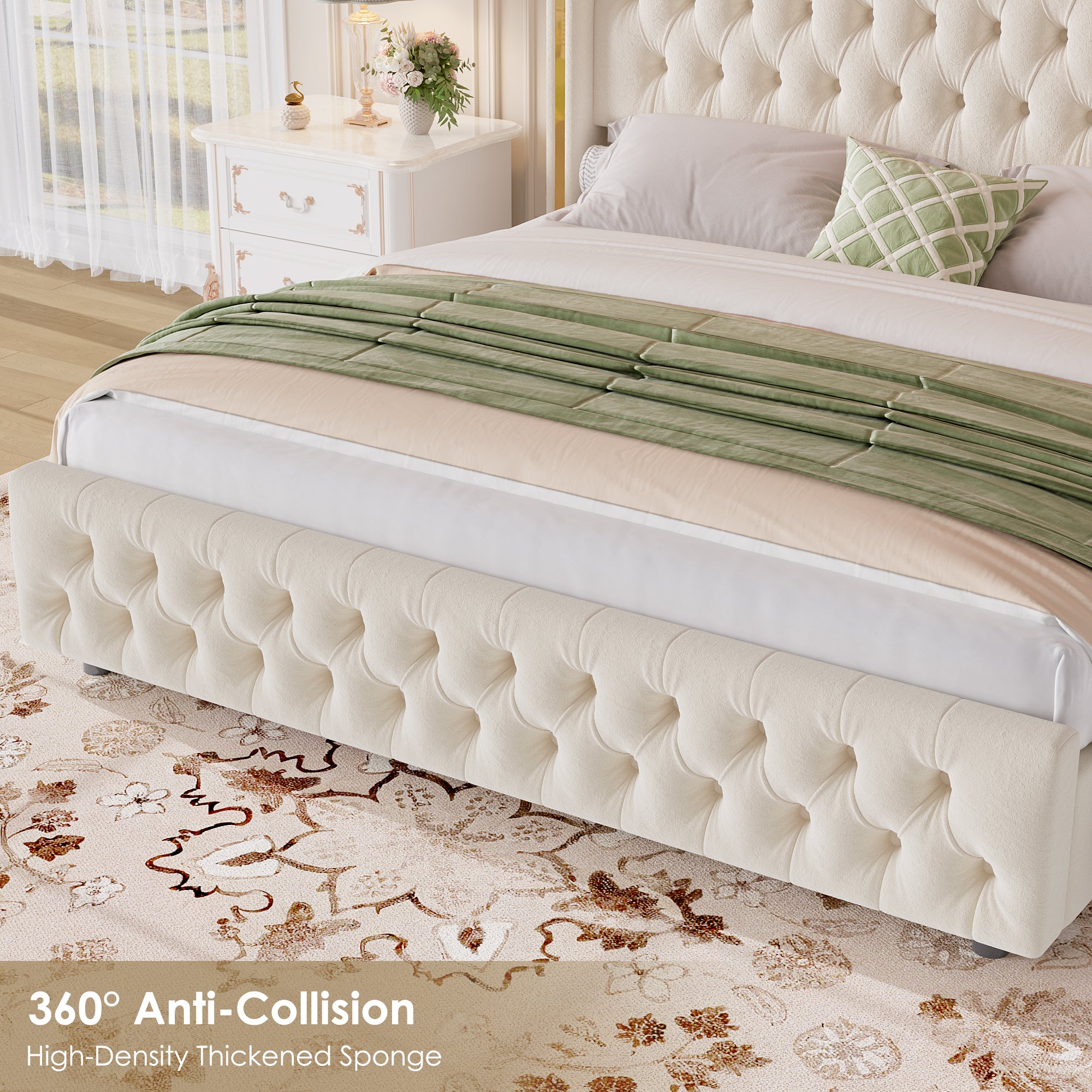 Hiphuta Queen Bed with LED Light, Cama Queen Platform Bed with Button Tufted Velvet Upholstered Headboard, White