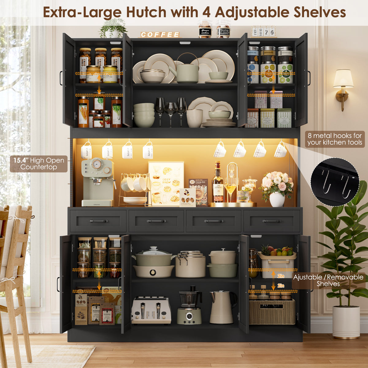 Hiphuta 59" Wide Kitchen Pantry Cabinet with 8 Doors and 4 Drawers, Extra Large Hutch Cabinet with RGB LED and Charging Station, Coffee Bar with 4 Adjustable Shelves, Black