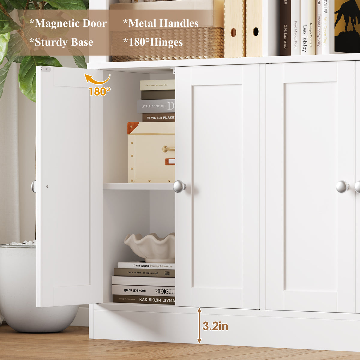 Hiphuta 71" Tall 4-Tier Bookcase with 10 Open Cubes, 56" Wide Extra Large Display Bookshelf with 4 Doors, for Living Room Home Office, White