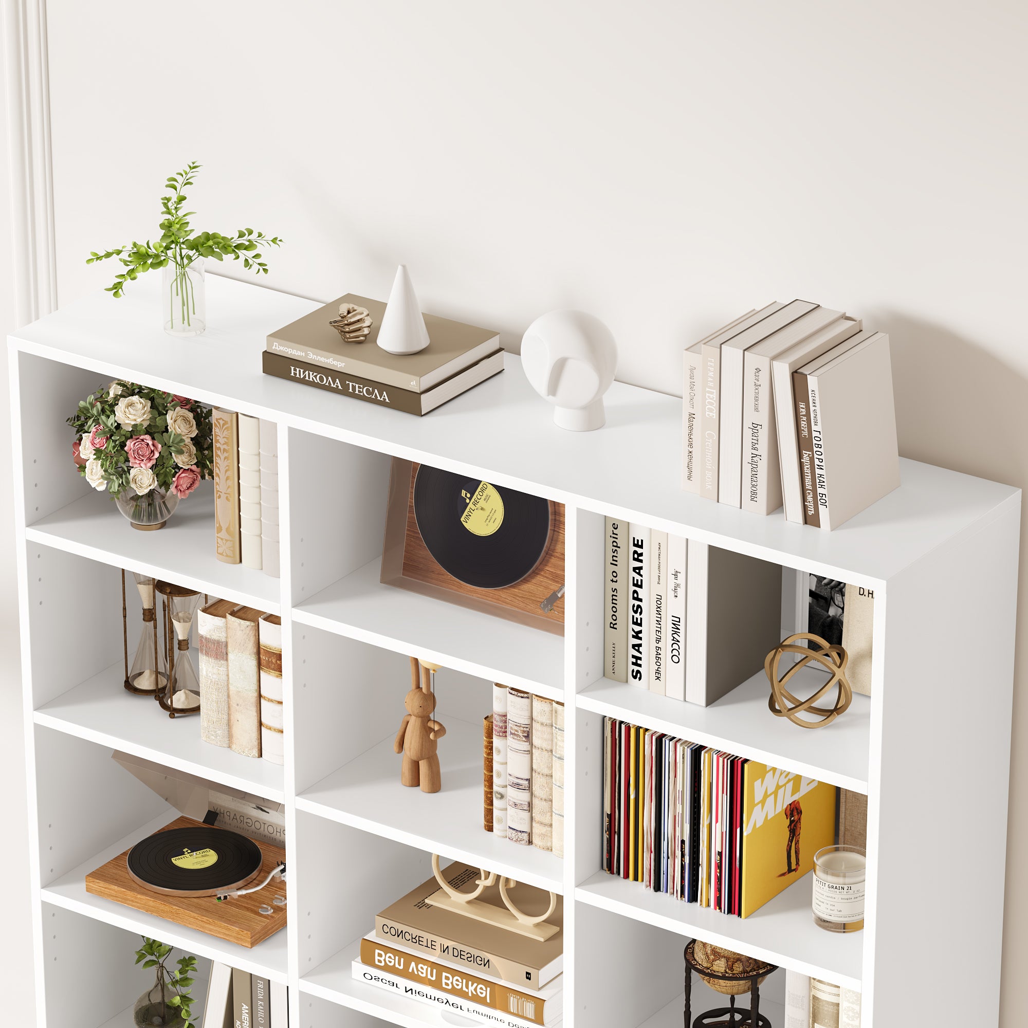 Hiphuta 27-Cube 9-Tier Bookcase, 75" Tall Triple-Wide CD Media Storage Organizer with 15 Adjustable Shelves, Freestanding Display Shelf, White