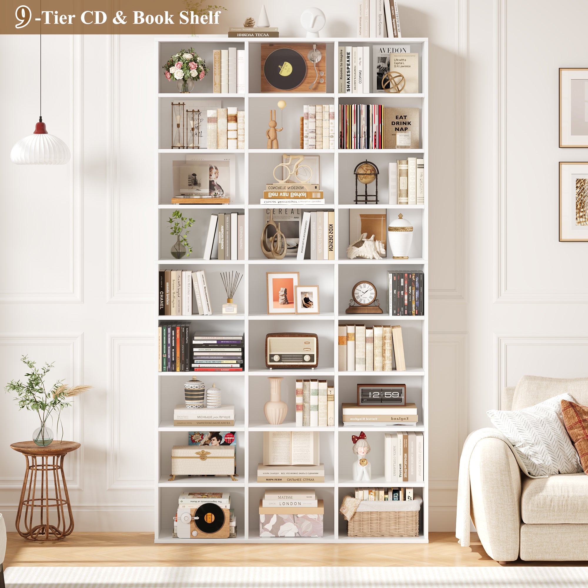 Hiphuta 27-Cube 9-Tier Bookcase, 75" Tall Triple-Wide CD Media Storage Organizer with 15 Adjustable Shelves, Freestanding Display Shelf, White