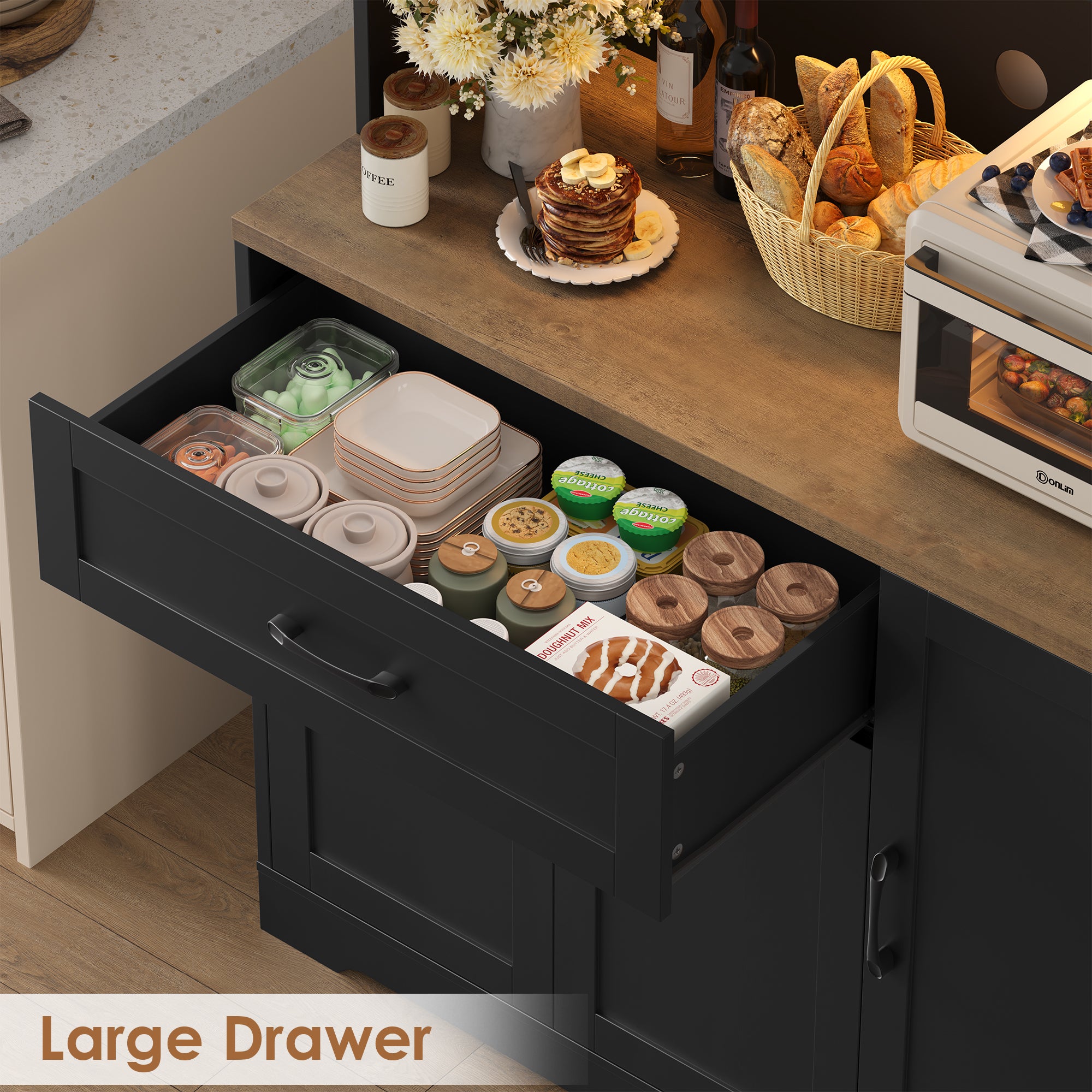 Hiphuta 71”Tall Modern Pantry Cabinet with Power Outlet & LED, Freestanding Kitchen Hutch Cabinet for Dining Room, Black