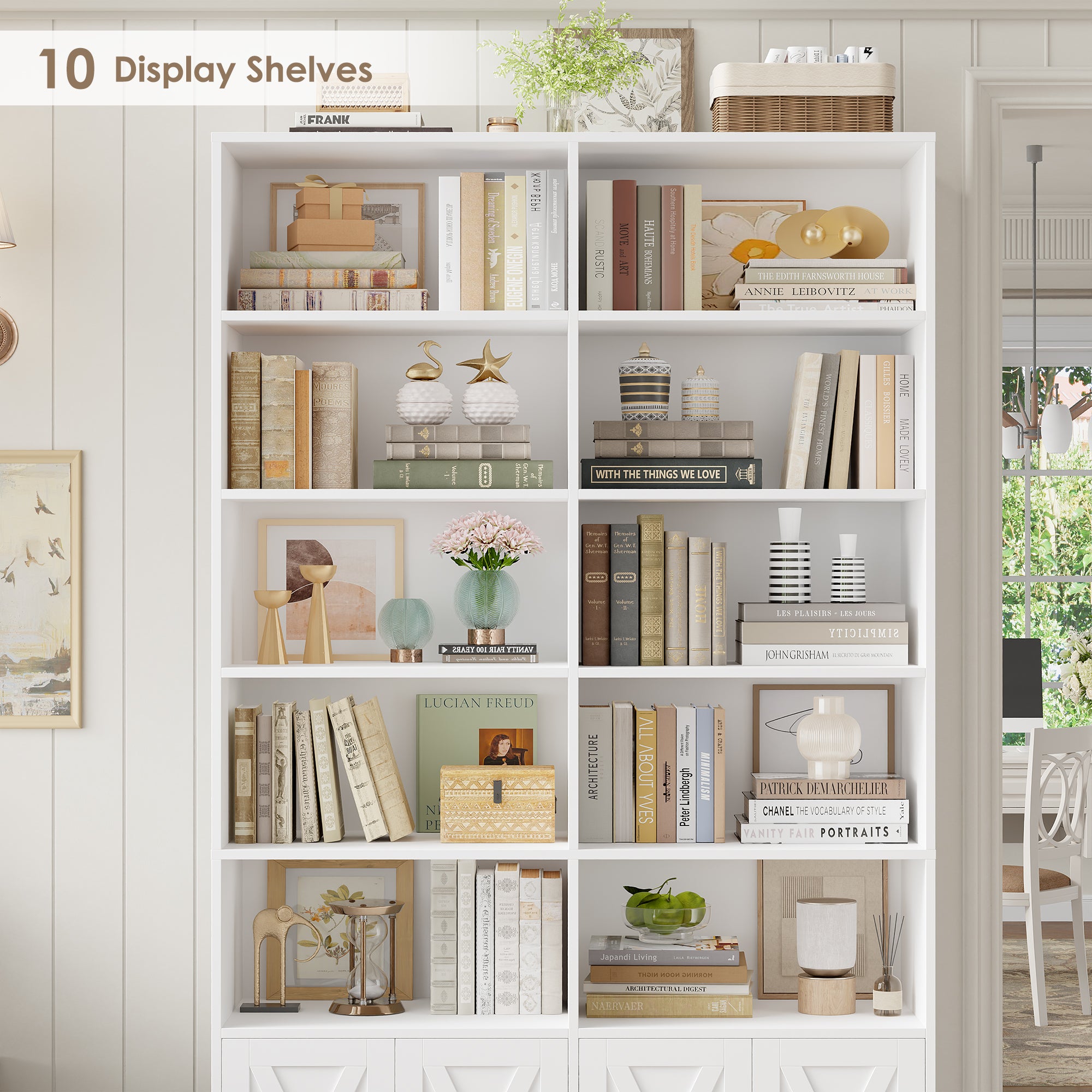 Hiphuta 78"H x 47"W Bookcase with Doors, Tall Bookshelves with Storage, 5-Tier Shelves Freestanding Display Bookcase for Home Office and Living Room, White