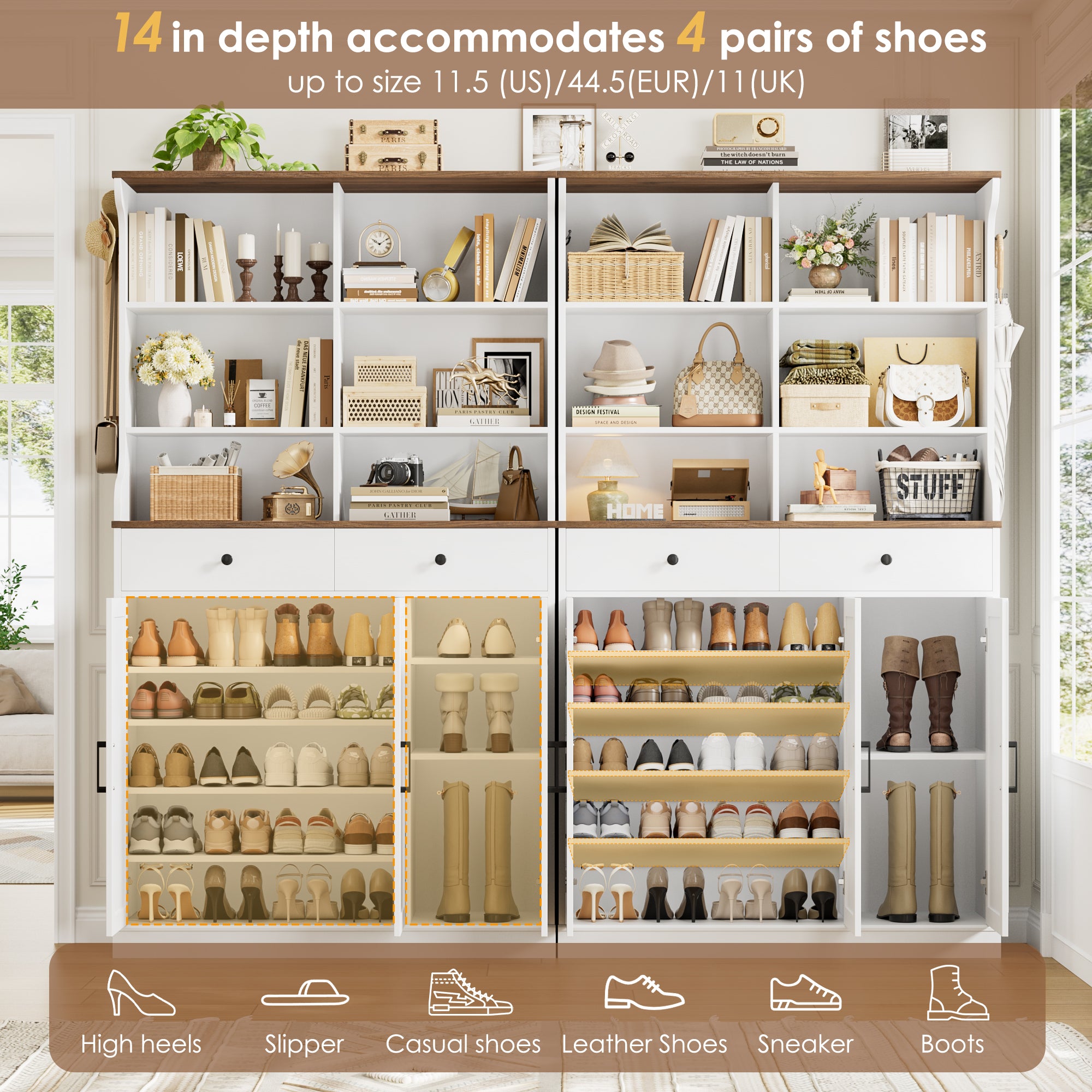 Hiphuta 73” Tall Shoe Cabinet with Doors and 2 Drawers, Hidden Shoe Storage Cabinet with Hanging Hooks, Wood Shoe Rack Organizer for Entryway, Hallway and Living Room, White