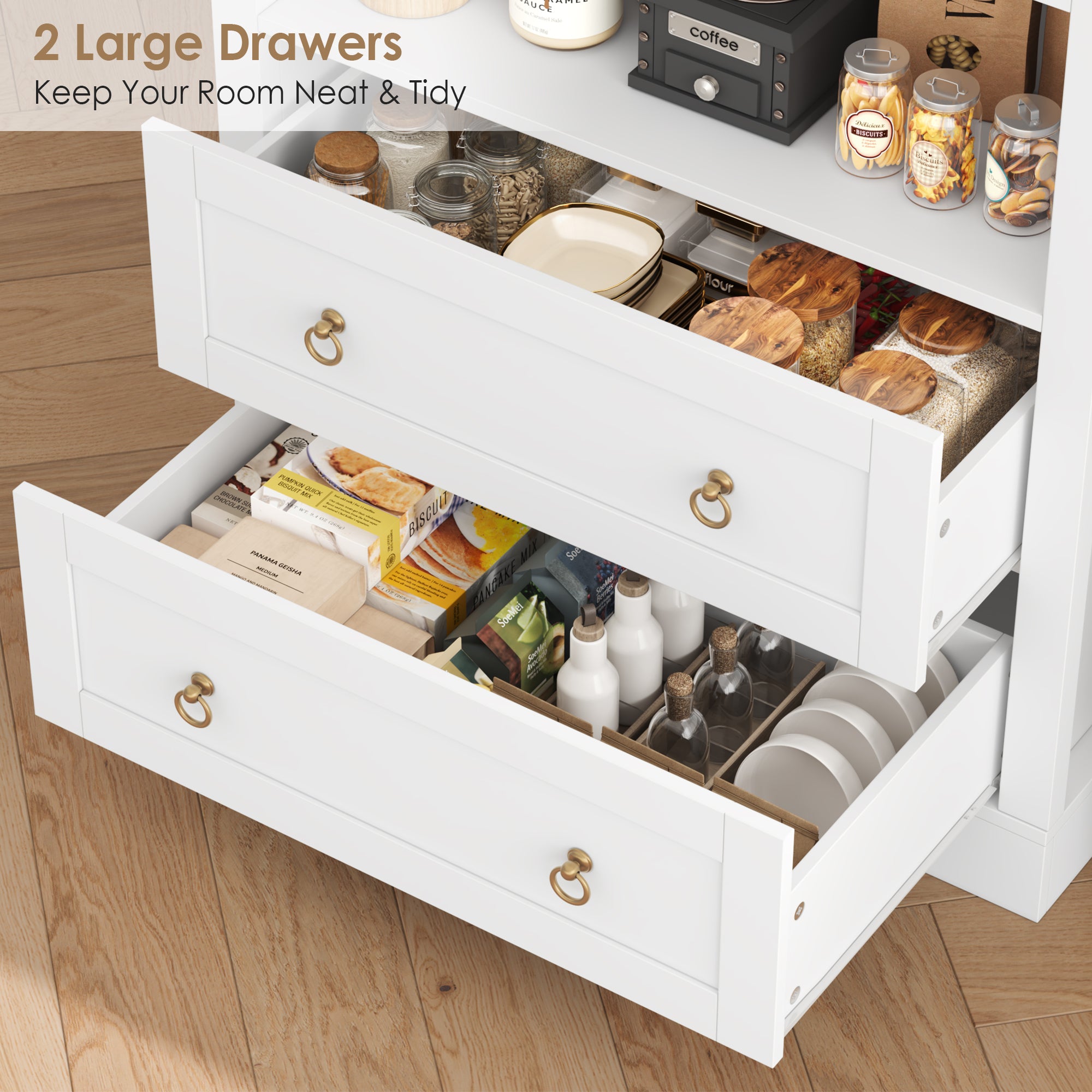 Hiphuta 70” Tall Arched Kitchen Pantry Storage Cabinet with 2 Large Drawers and 4 Open Shelves, Freestanding Modern Farmhouse Versatile Hutch Cupboard for Dining Room, White