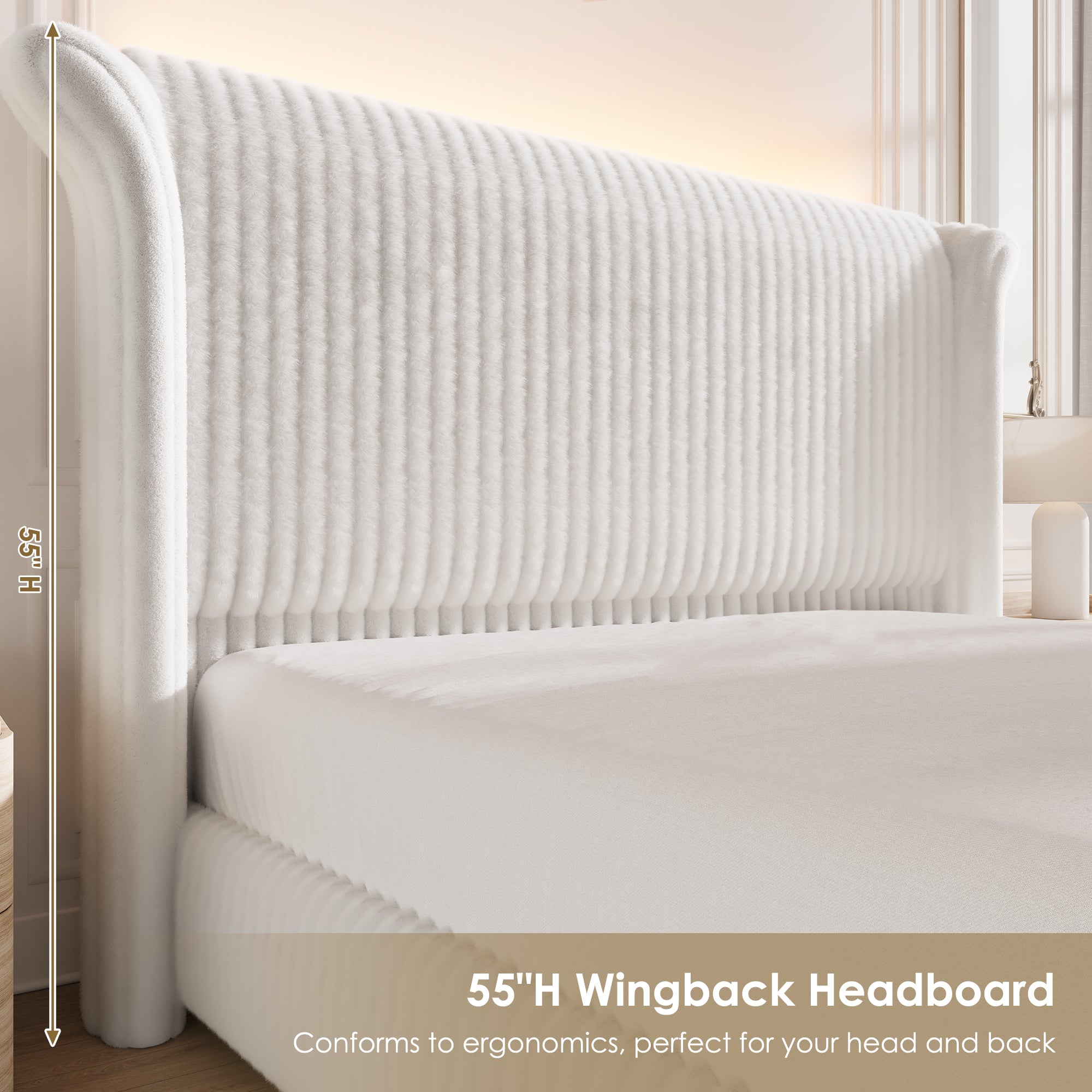 Hiphuta Modern Queen Size Corduroy Upholstered Bed Frame, LED Platform Bed Frame with 55"H Vertical Stripe Tufted Corduroy Velvet Wingback Headboard, White