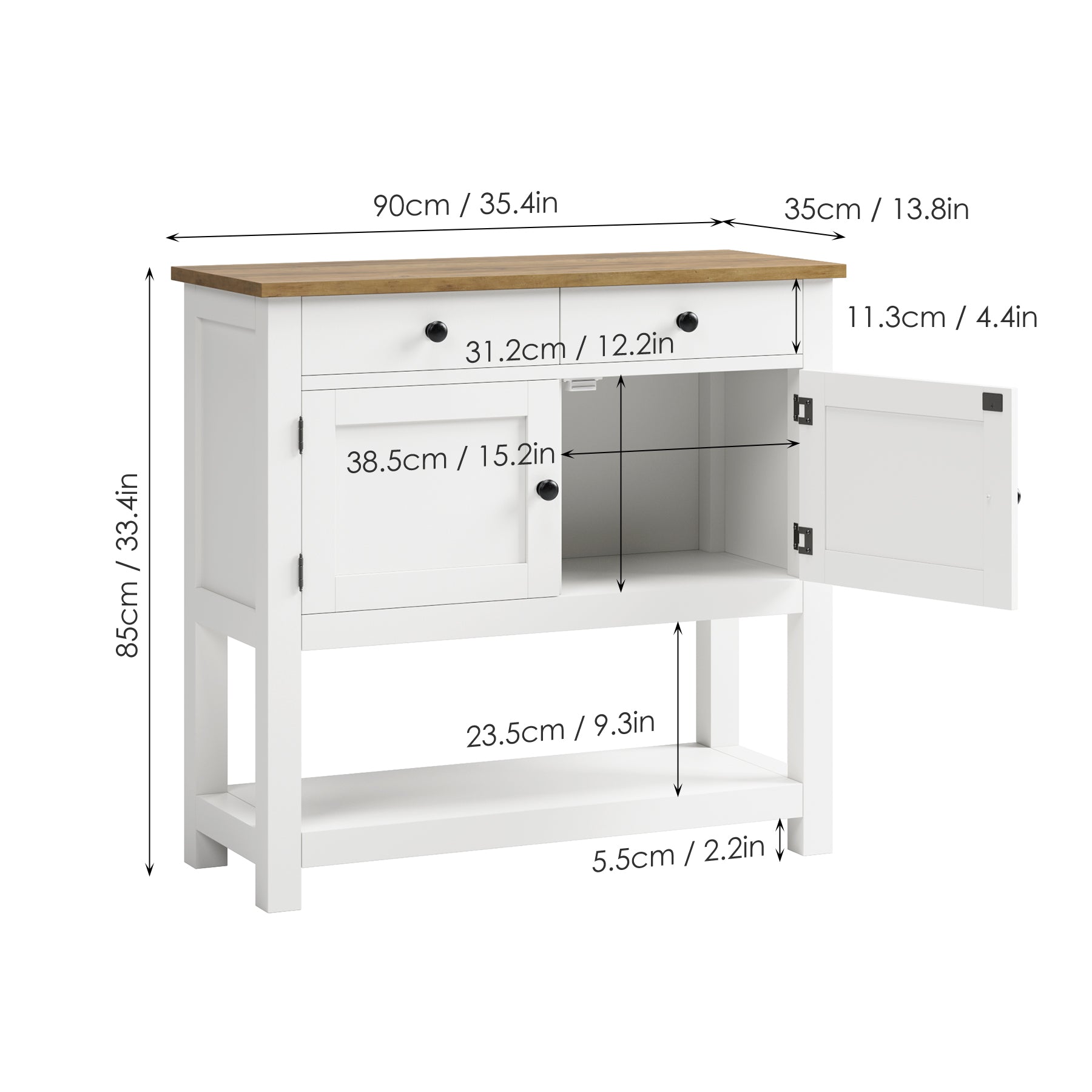 Hiphuta Farmhouse Console Table with 2 Drawers and Cabinet for Entryway Living Room, White