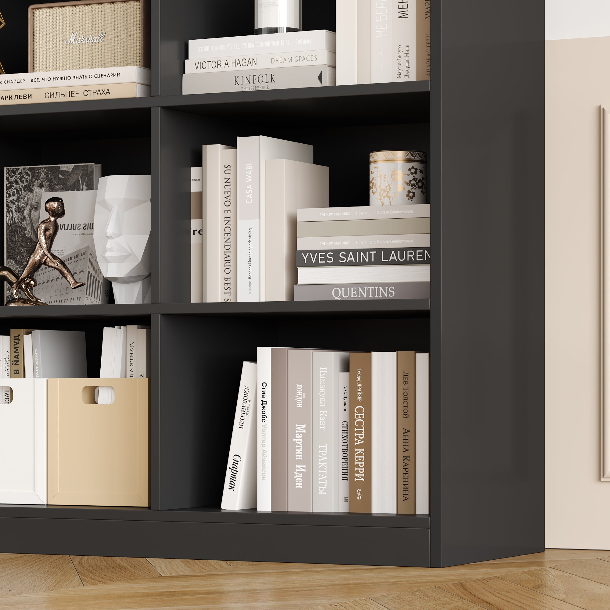 Hiphuta 86"H x 47"W Wood Triple 7-Tier Standard Bookcase, Tall Bookcase for Bedroom, Living Room and Office, Freestanding 21 Cubes Display Storage Shelves, Black