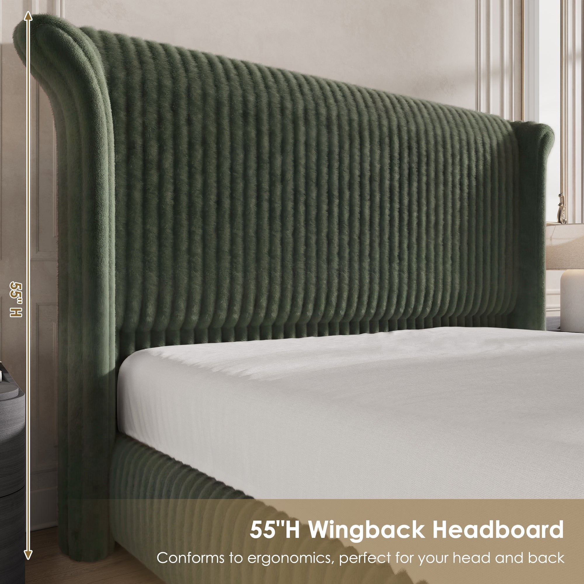 Hiphuta Modern Queen Size Corduroy Upholstered Bed Frame, LED Platform Bed Frame with 55"H Vertical Stripe Tufted Corduroy Velvet Wingback Headboard, Green