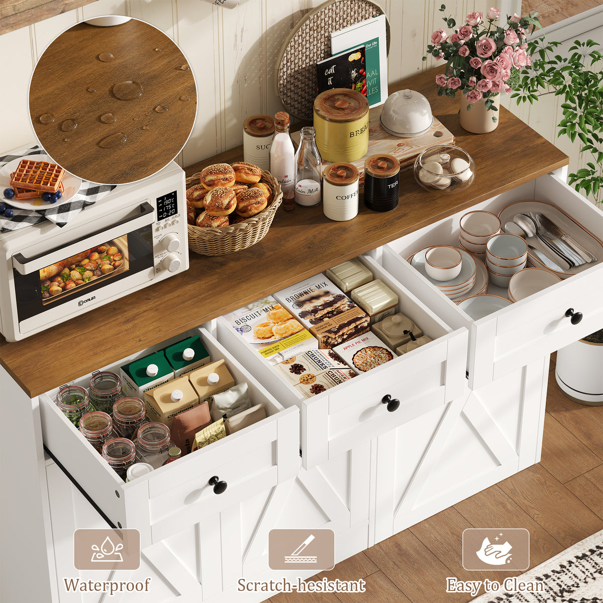 Hiphuta Trash Can Buffet Cabinet Fits 13 Gallon, 47"W Farmhouse Credenza Sideboard with Hidden Garbage Can Cabinet for Dining and Living Room, White