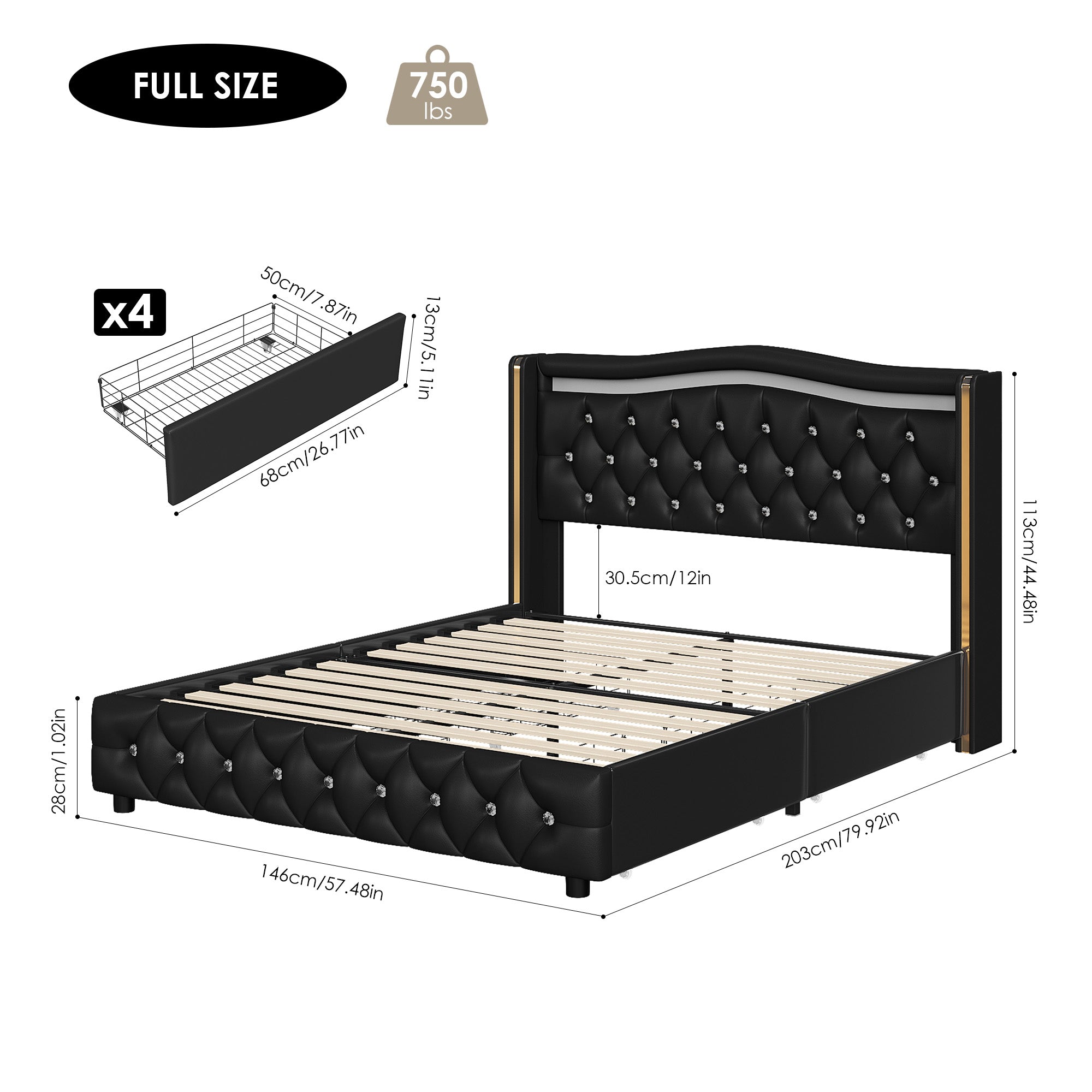 Hiphuta Full Platform Bed Frame with 4 Storage Drawers, Crystal Button-Tufted Wingback Headboard, Modern PU Upholstered, Black