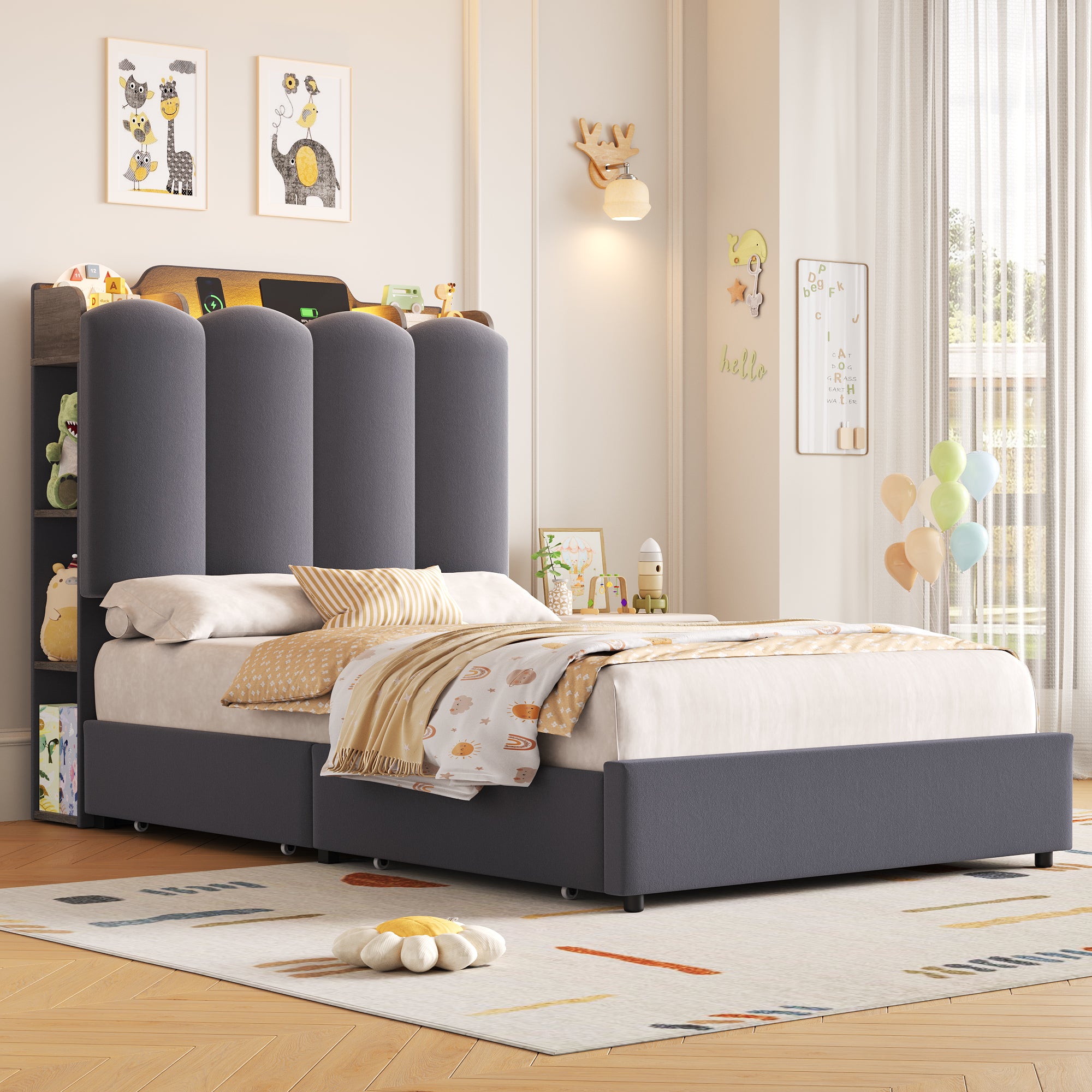 Hiphuta Twin Size Bed Frame with Upholstered Headboard, Led Bed with Storage Headboard, Gray