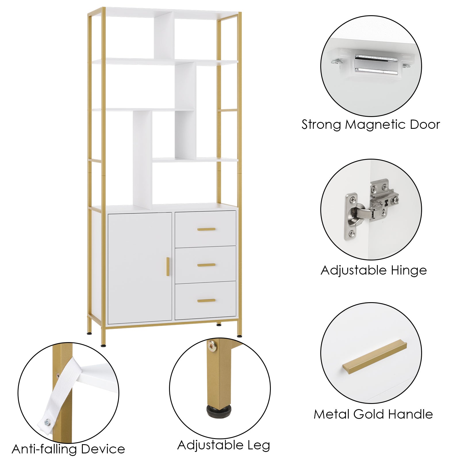 Hiphuta 71.2"H Bookshelf with 3 Drawers and 1 Door, Standard Tall Wood Bookcase for Home Office, White