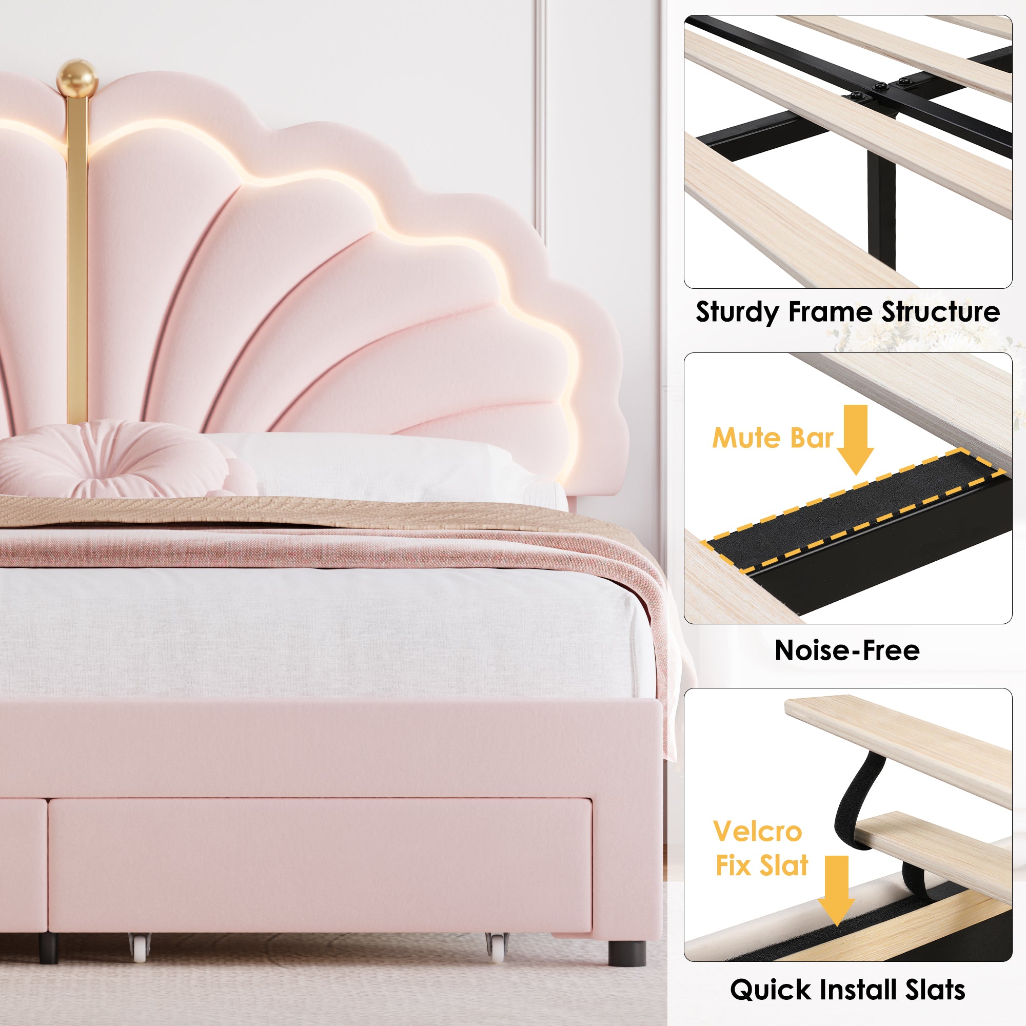 Hiphuta Kids LED Queen Bed with 2 Drawers, LED Lights Platform Bed Frame with Upholstered Tufted Headboard, No Box Spring Needed, Velvet Pink