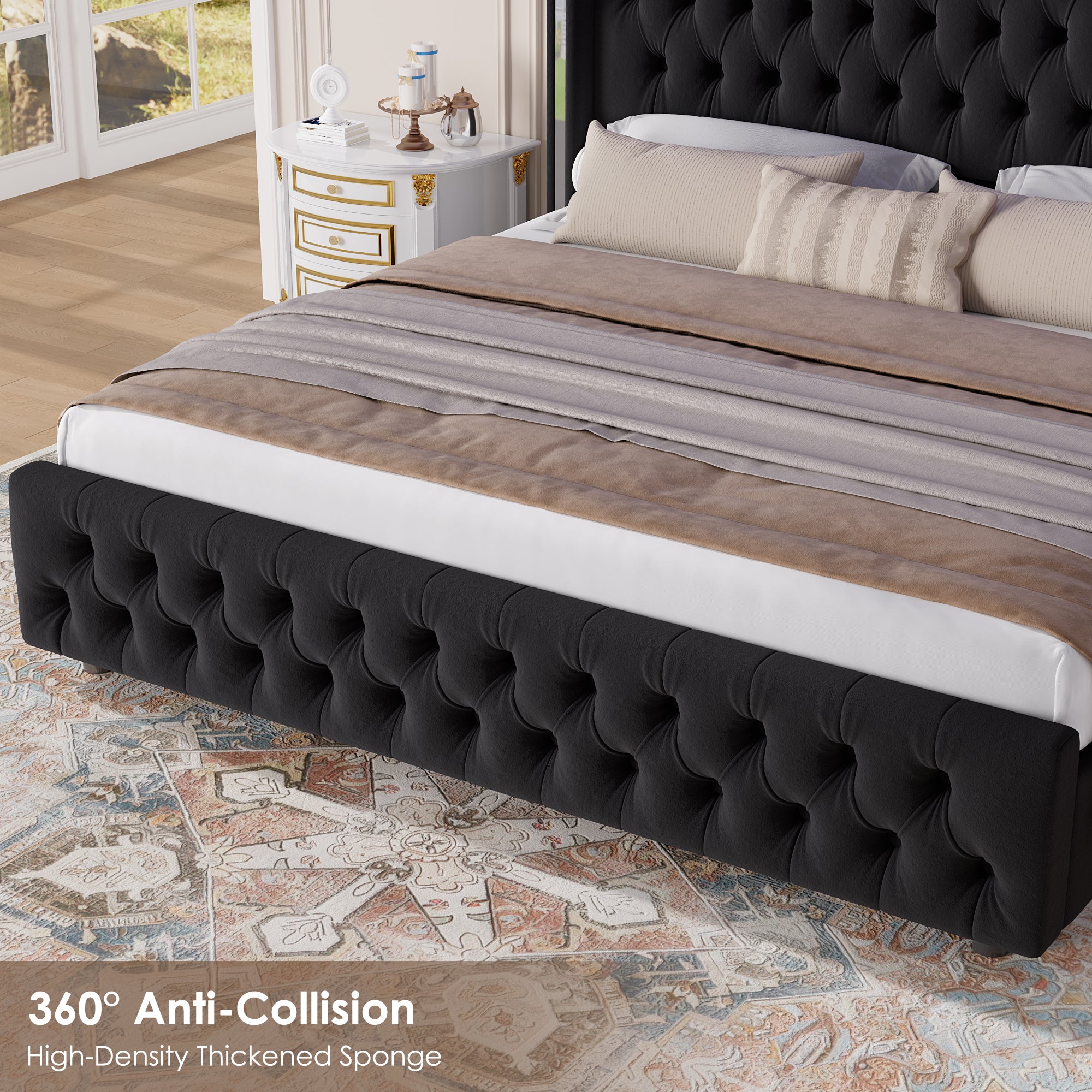 Hiphuta Queen Bed with LED Light, Cama Queen Platform Bed with Button Tufted Velvet Upholstered Headboard, Black