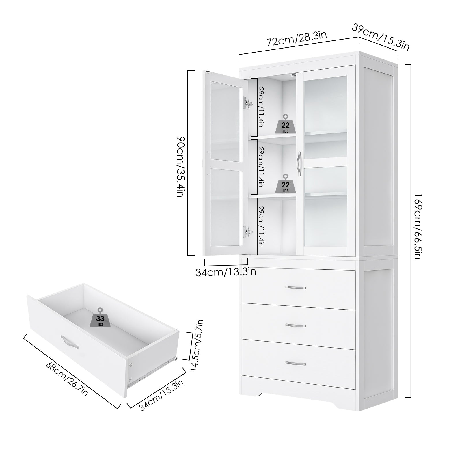 Hiphuta 66.5"H Kitchen Pantry Cabinet with Glass Doors, 3 Drawers & 3 Shelves, White