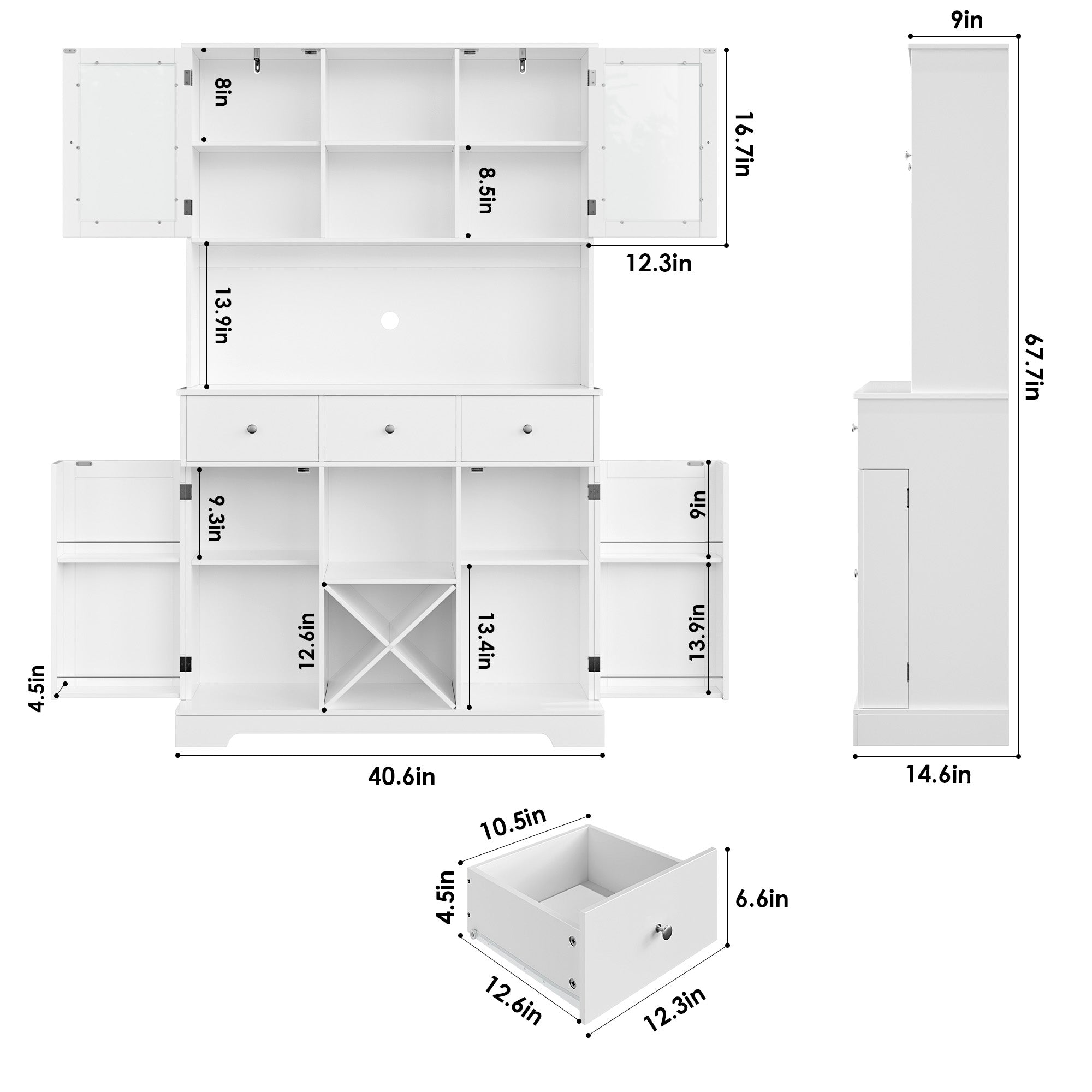 Hiphuta 68''H Kitchen Pantry Cabinet with Glass Doors & Removable Wine Rack for Dining Room Living Room, White